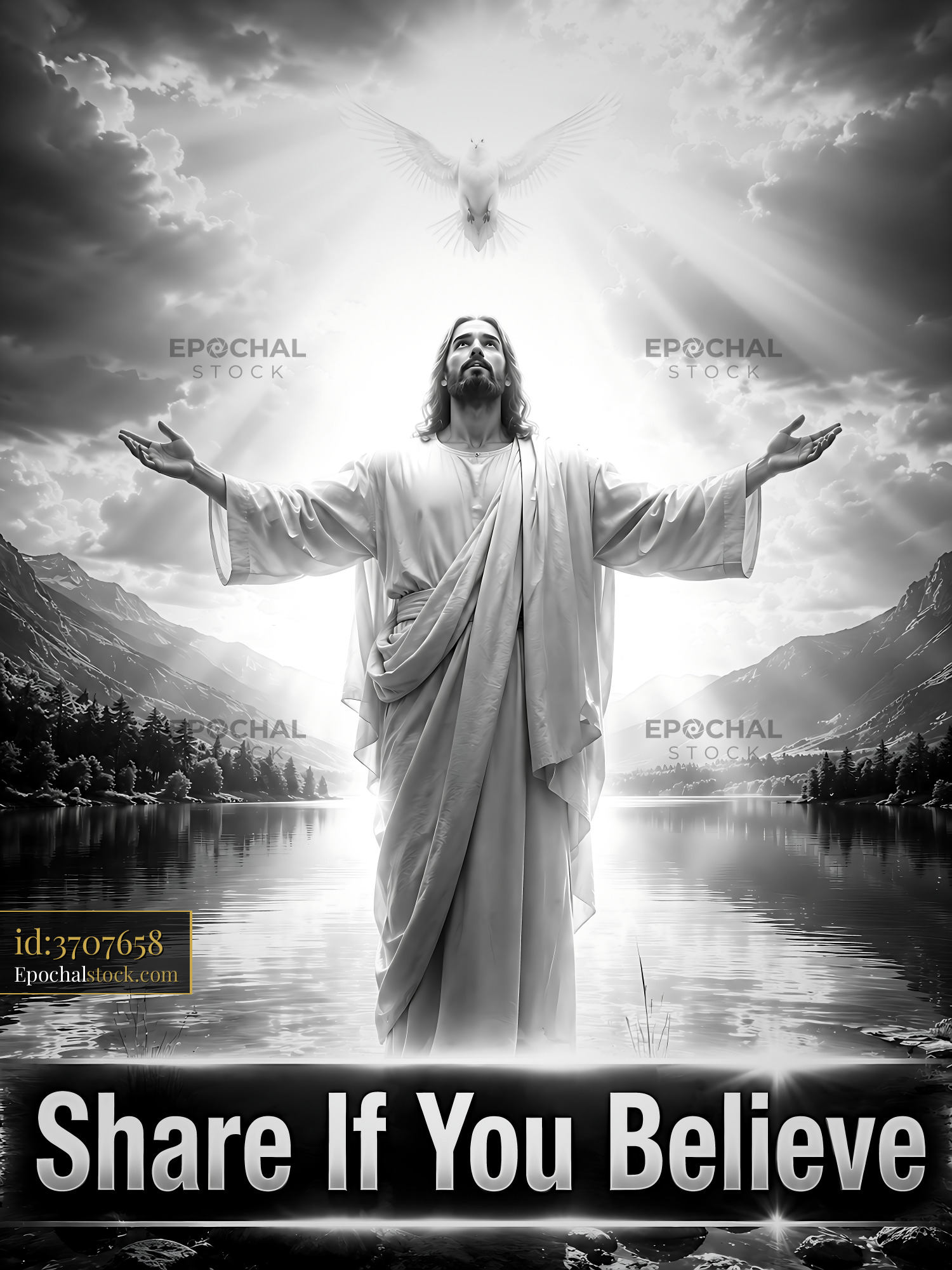 Watermarked full-resolution preview of Jesus with open arms near tranquil lake and mountains