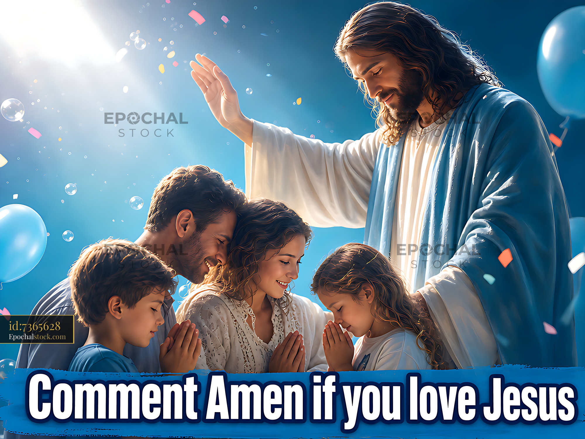 Watermarked full-resolution preview of Family gathering in prayer with Jesus in a bright setting