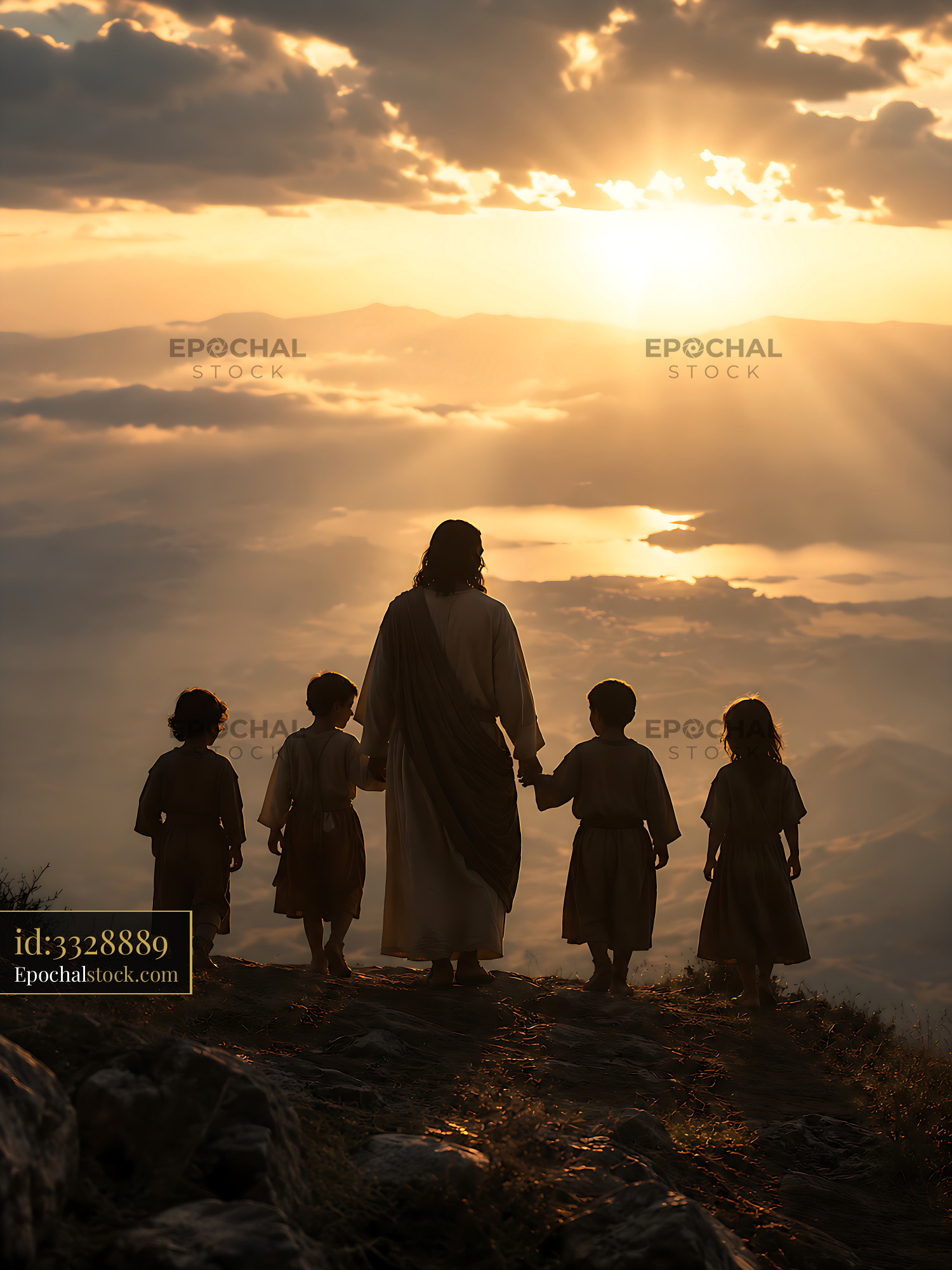 Watermarked full-resolution preview of Sunset scene with a figure and children on a mountain