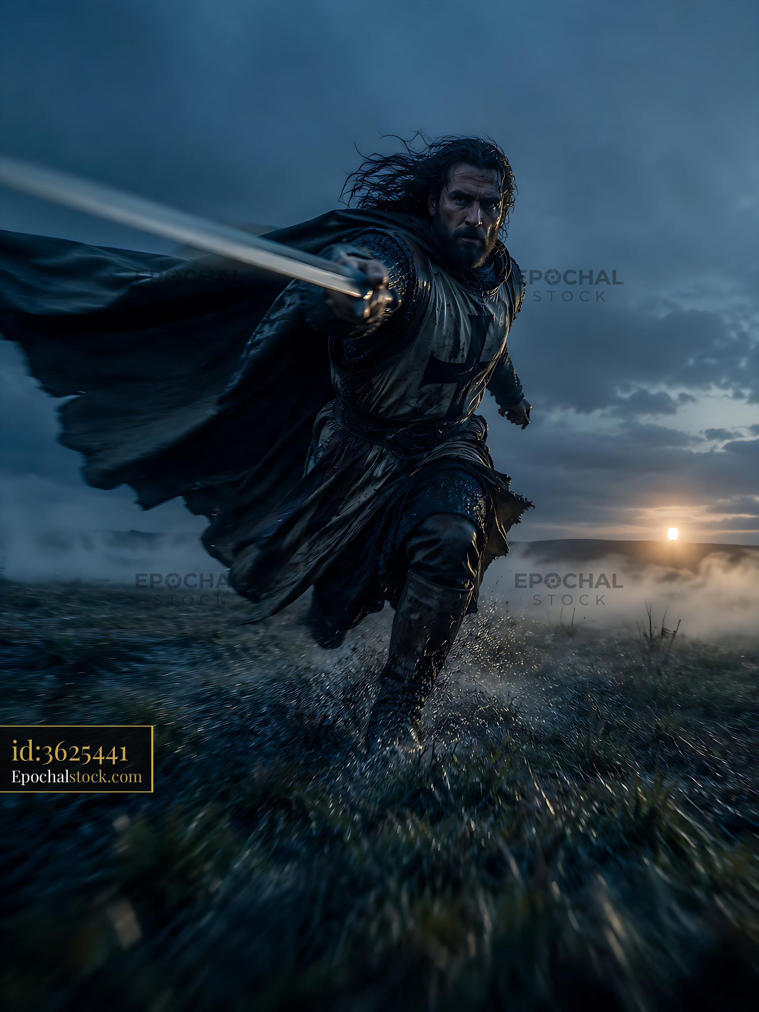 Watermarked full-resolution preview of Warrior charging with sword in stormy landscape at sunset