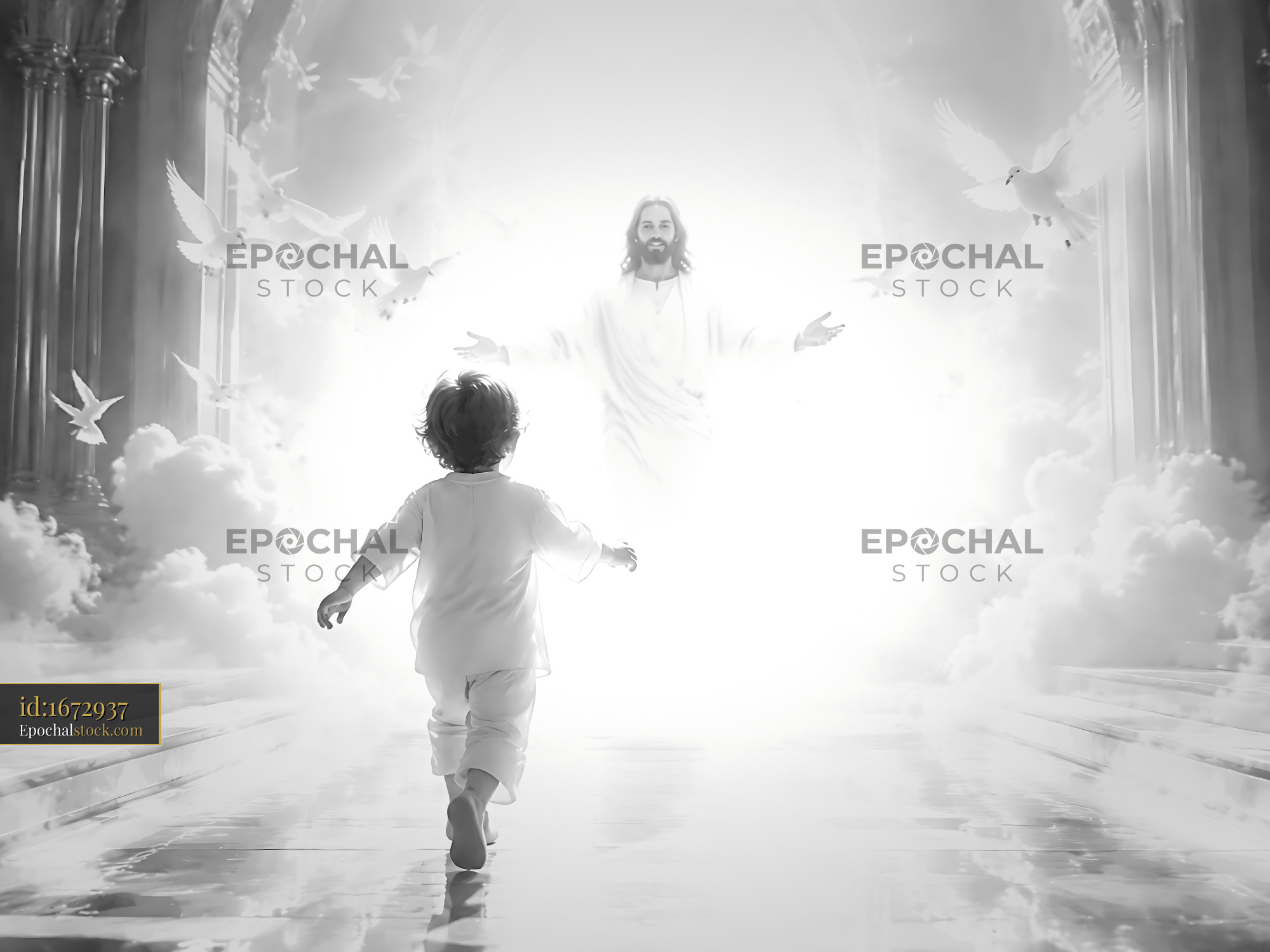 Watermarked full-resolution preview of Child walks towards figure in light with doves flying around