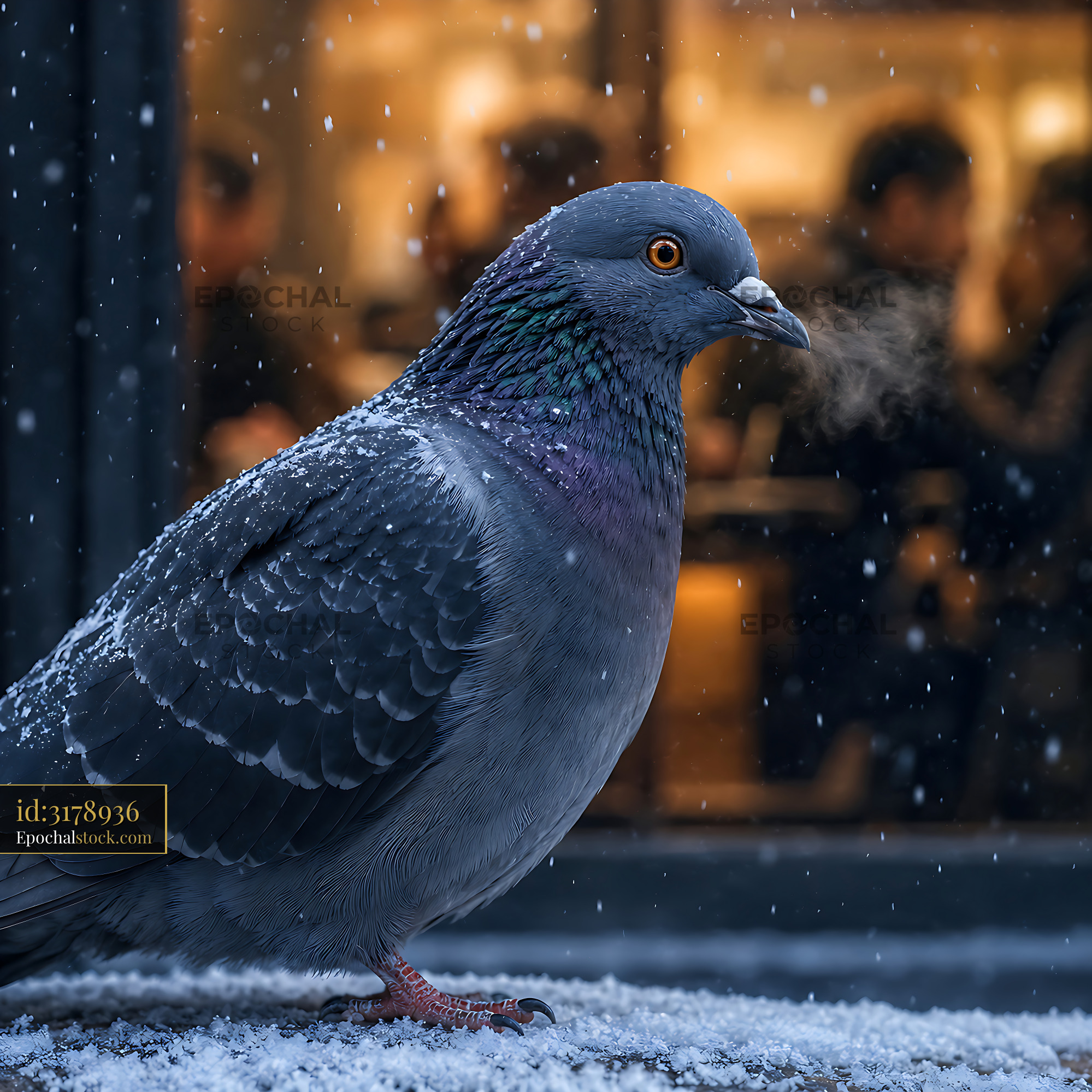 Watermarked full-resolution preview of Pigeon in the snow with people blurred in the background
