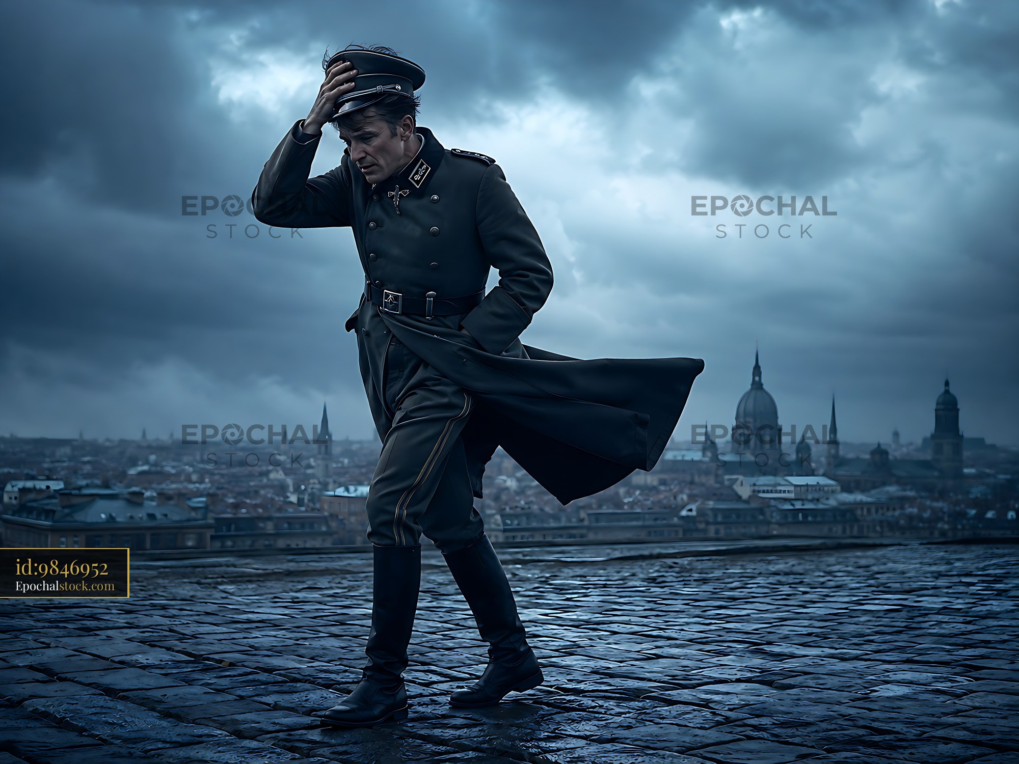 Watermarked full-resolution preview of Soldier walking on city rooftop during cloudy weather