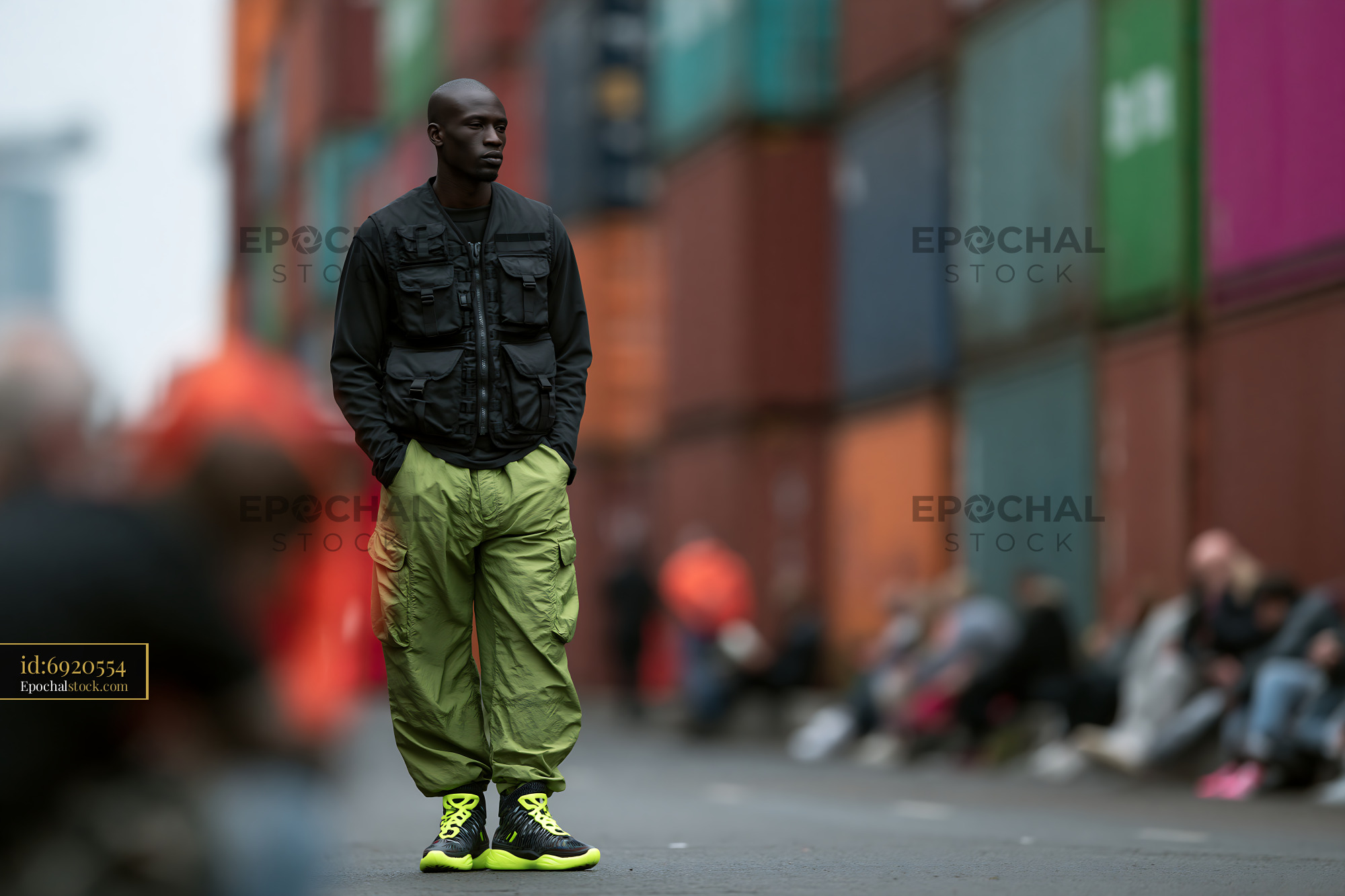 Watermarked full-resolution preview of Man standing in streetwear fashion near shipping containers