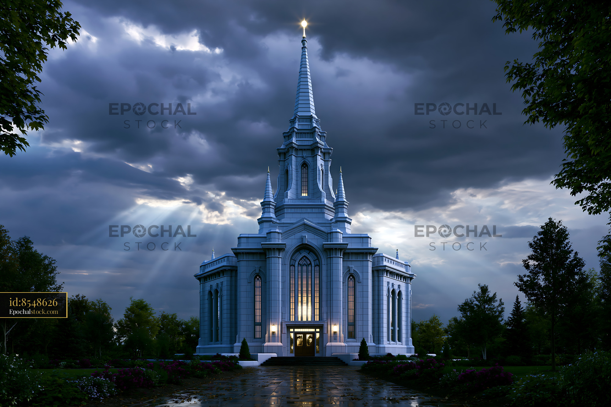 Watermarked full-resolution preview of Church building under dark clouds with light rays at dusk