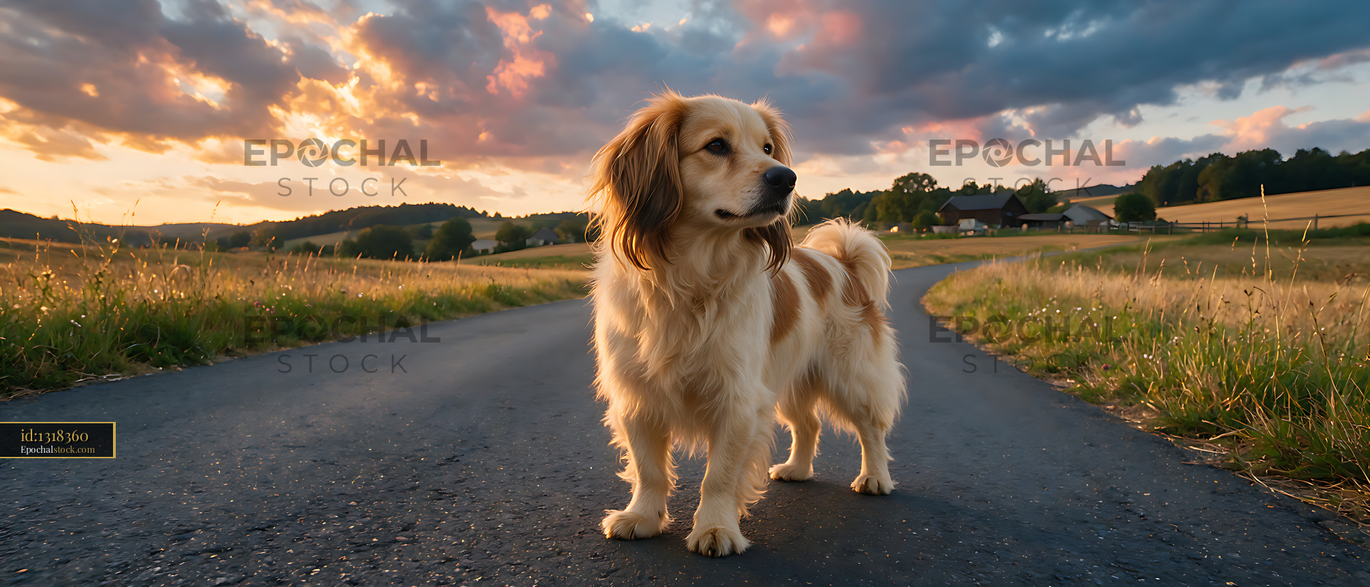 Watermarked full-resolution preview of Fluffy long-haired dog in a rural sunset landscape