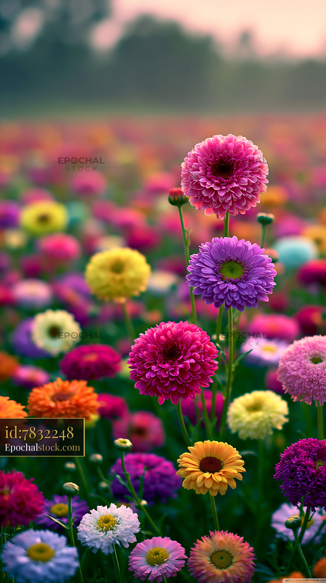 Watermarked full-resolution preview of Colorful flowers blooming in a vibrant field