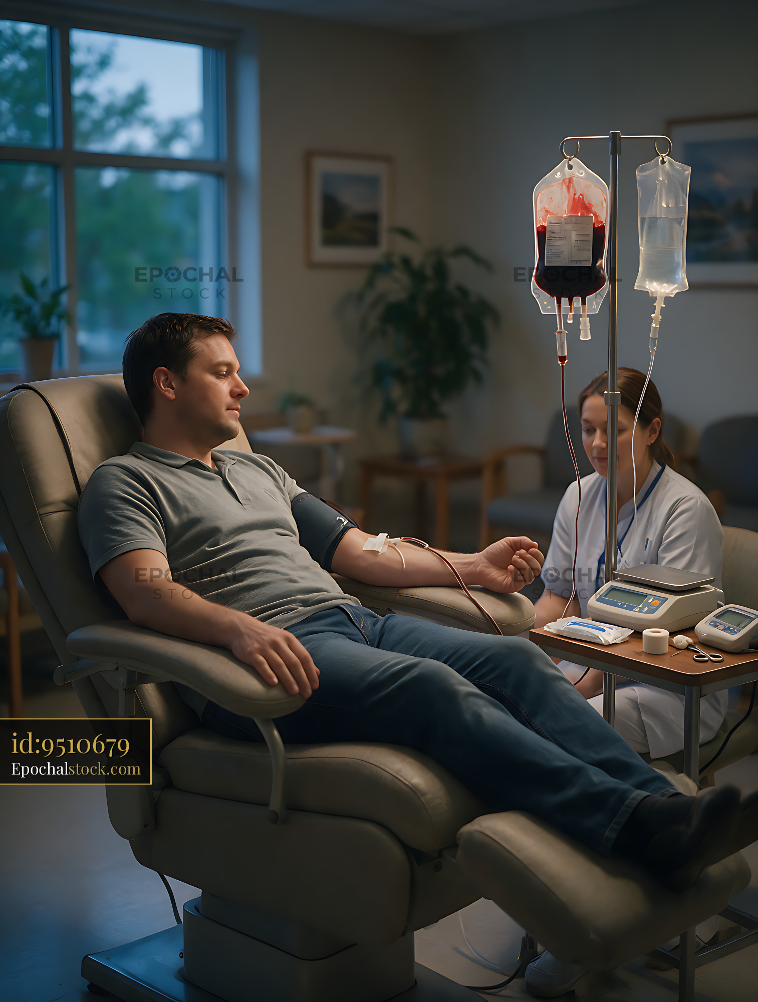Watermarked full-resolution preview of Blood donation procedure with donor in reclining chair