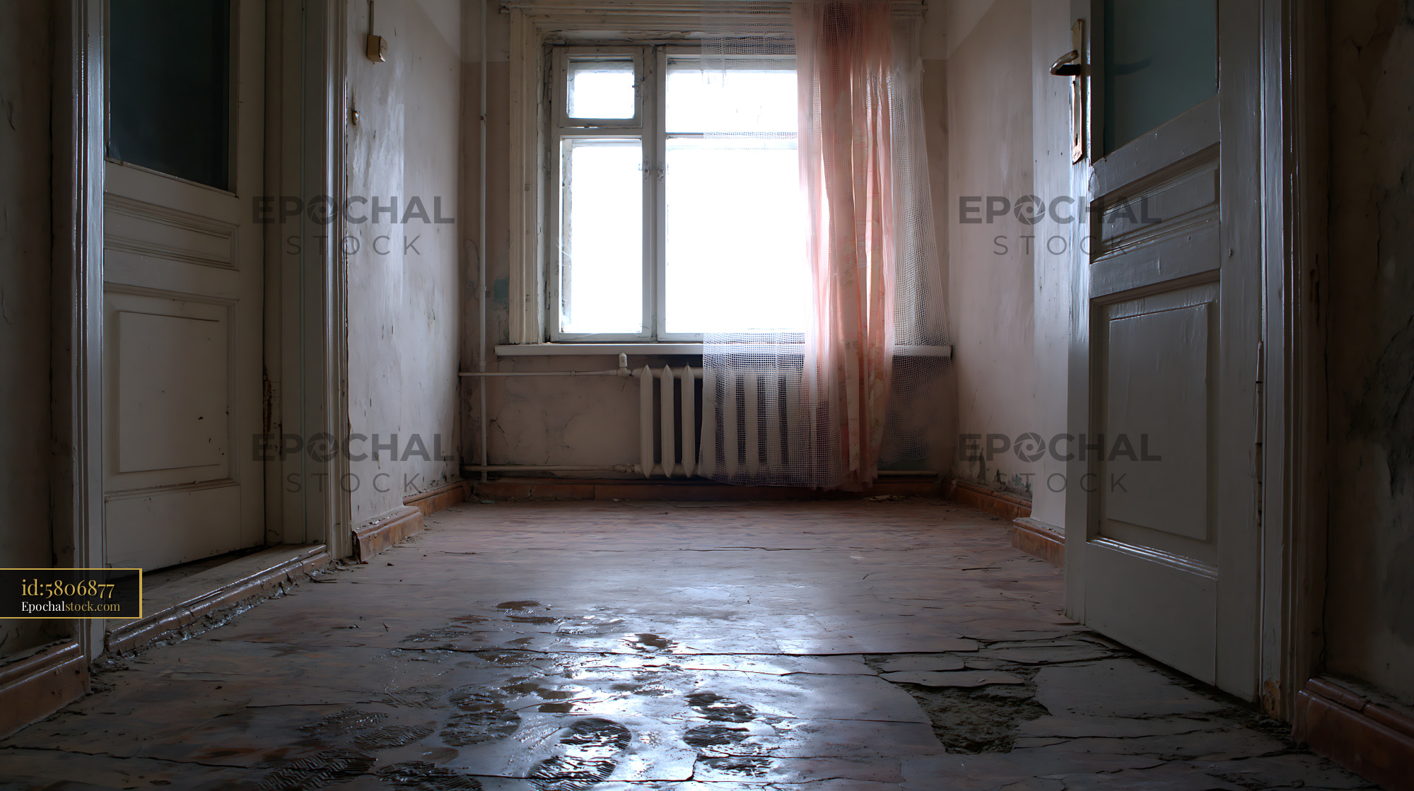 Watermarked full-resolution preview of Abandoned hallway with peeling walls and broken floor