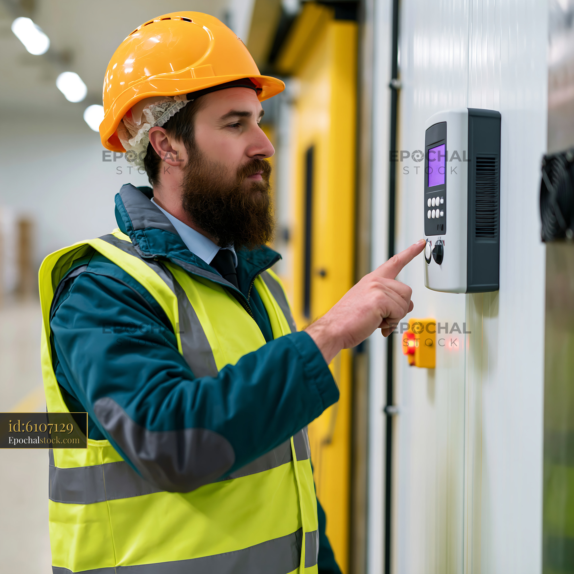 Watermarked full-resolution preview of Worker in safety gear operating control panel in warehouse