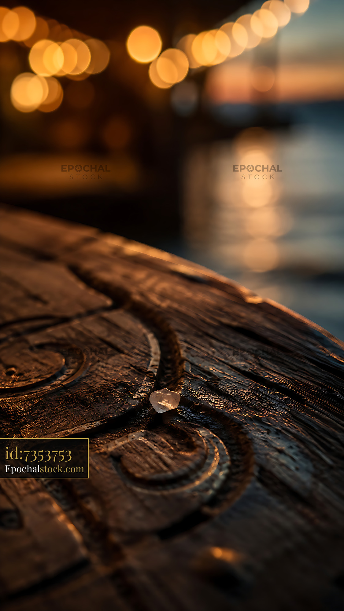 Watermarked full-resolution preview of Wooden table with decorative carving and lights in the background