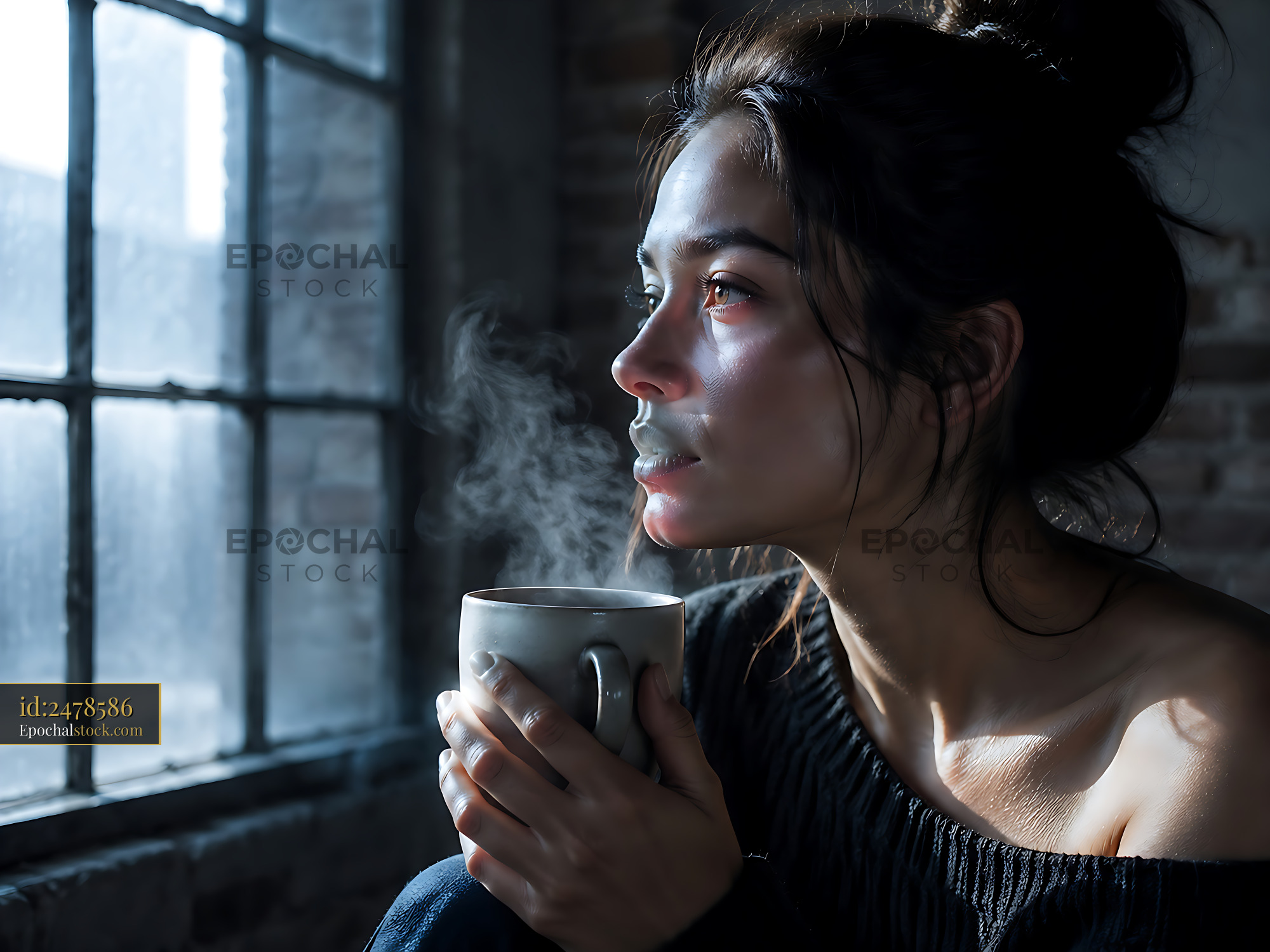 Watermarked full-resolution preview of Woman holding cup of hot drink by window with steam rising