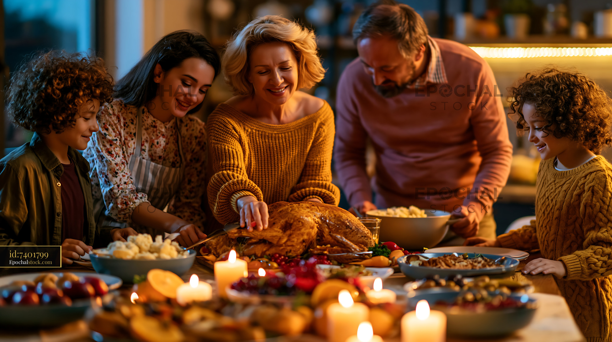 Watermarked full-resolution preview of Family gathering around a festive dinner table during the evening