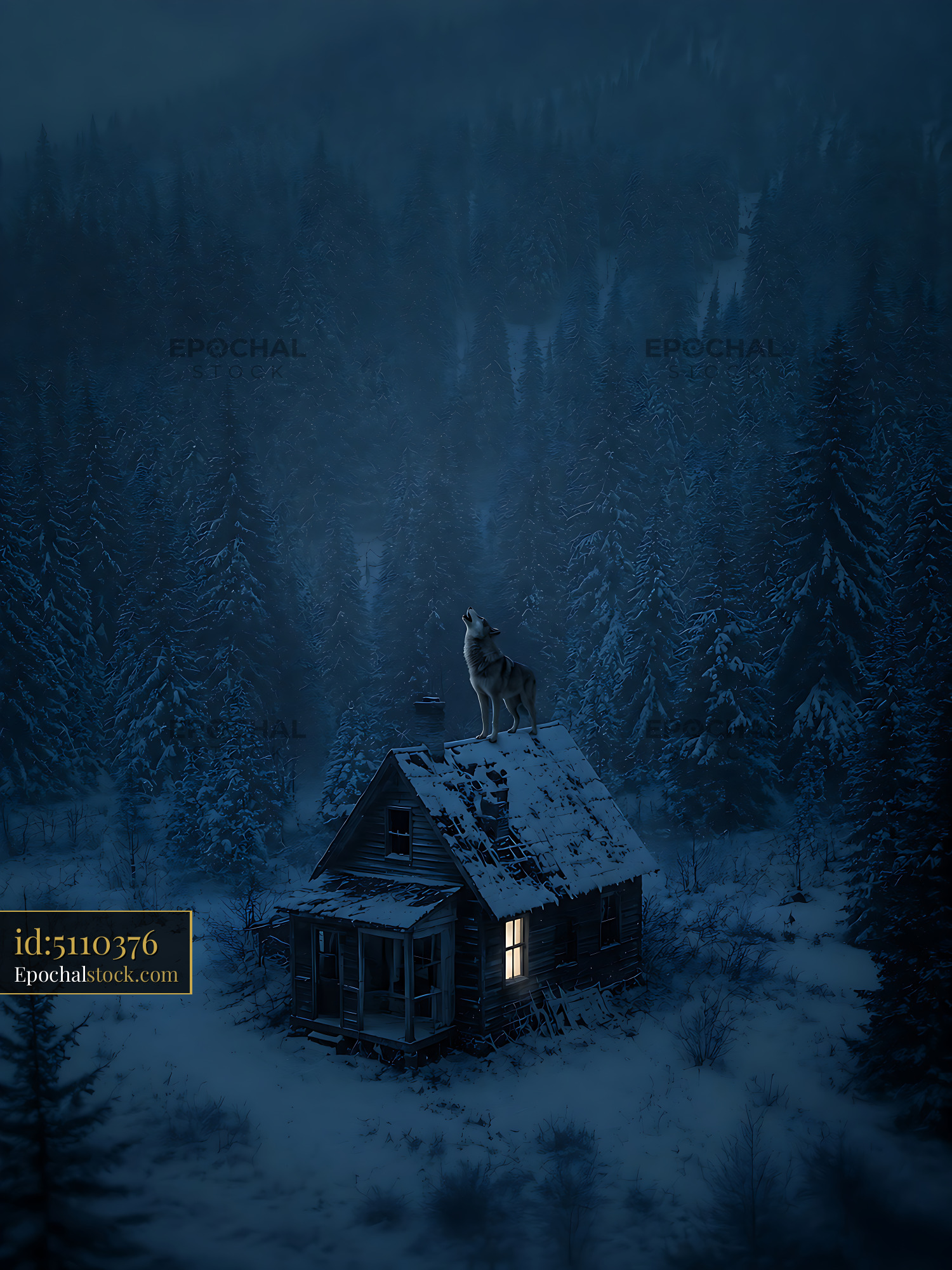 Watermarked full-resolution preview of Wolf stands on roof of cabin in snowy forest at night