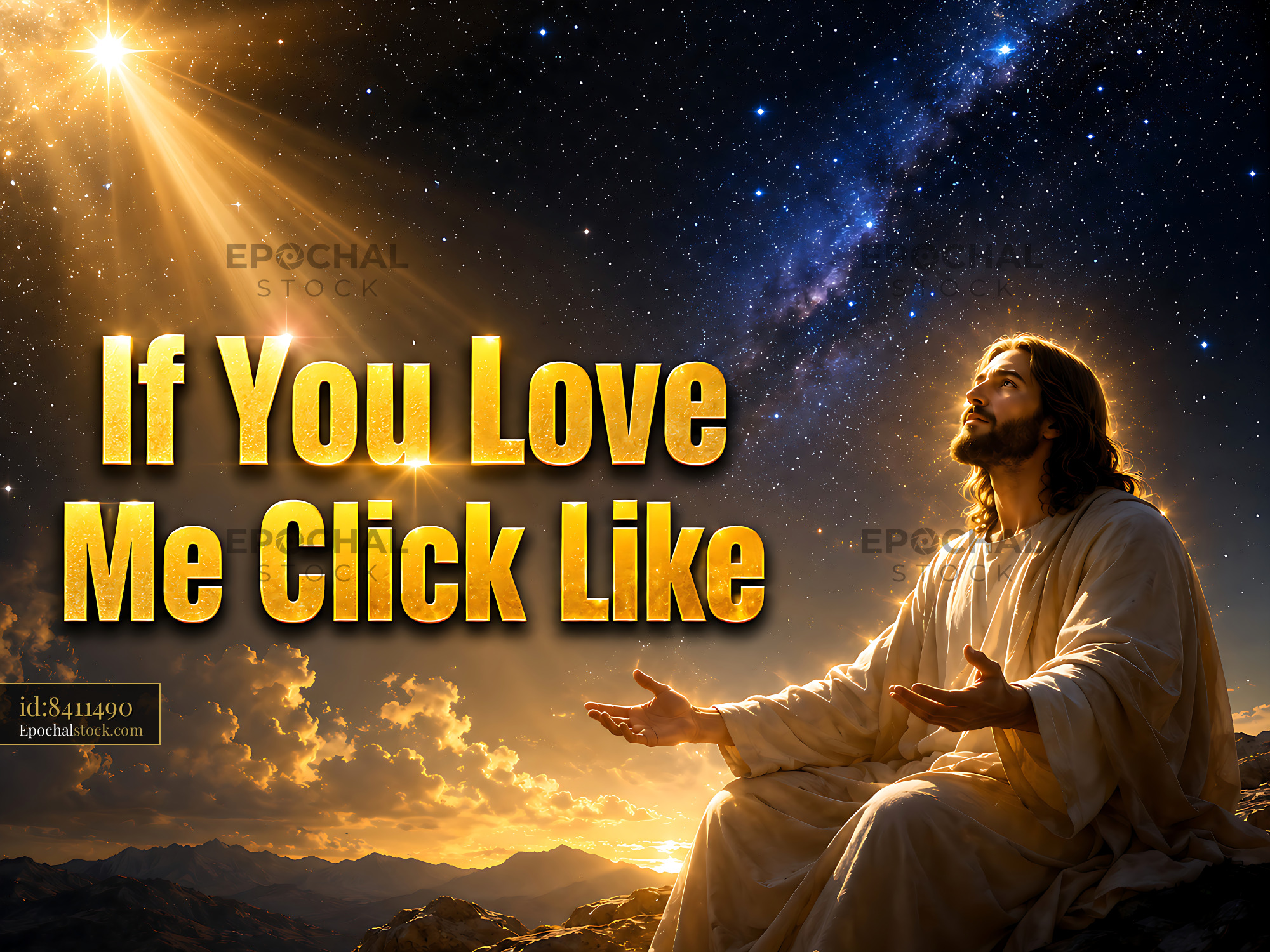 Watermarked full-resolution preview of Jesus with open arms under a starry sky