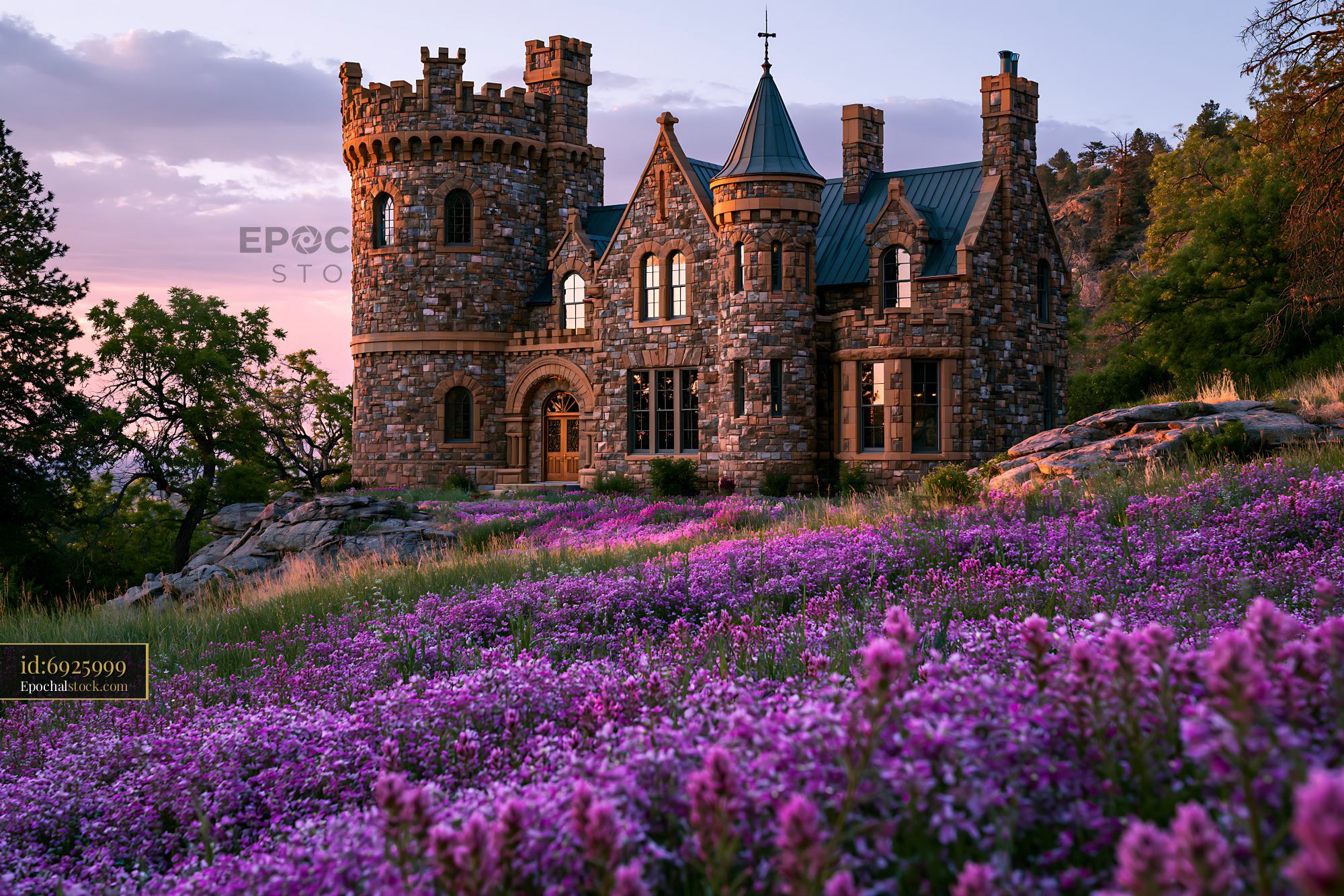 Watermarked full-resolution preview of Stone castle surrounded by purple flowers at sunset