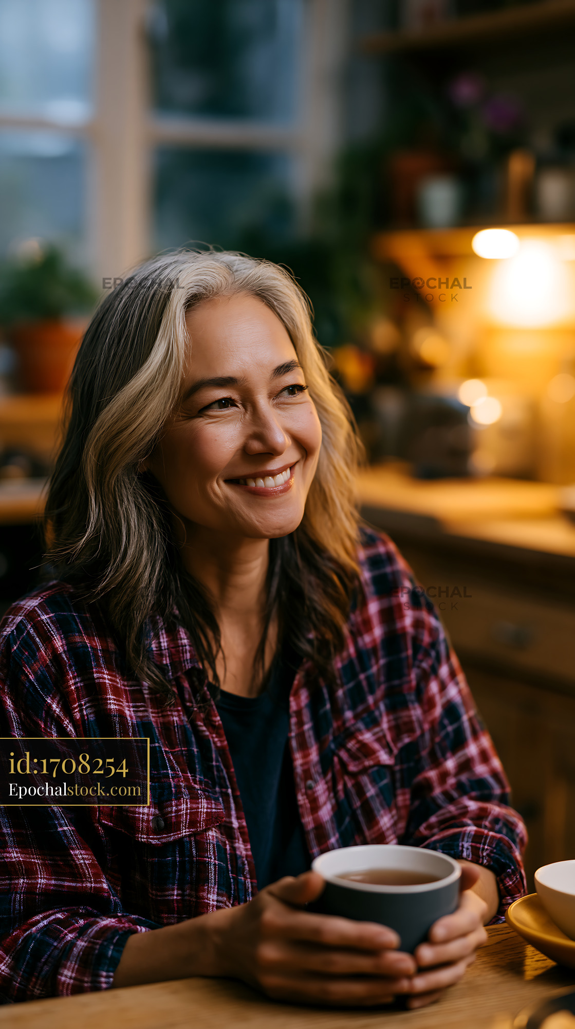 Watermarked full-resolution preview of Smiling woman in checkered shirt enjoying tea in cozy kitchen