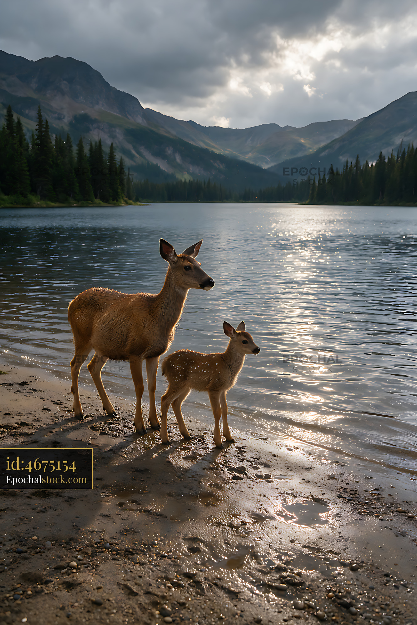 Watermarked full-resolution preview of Deer on the shore of a mountain lake