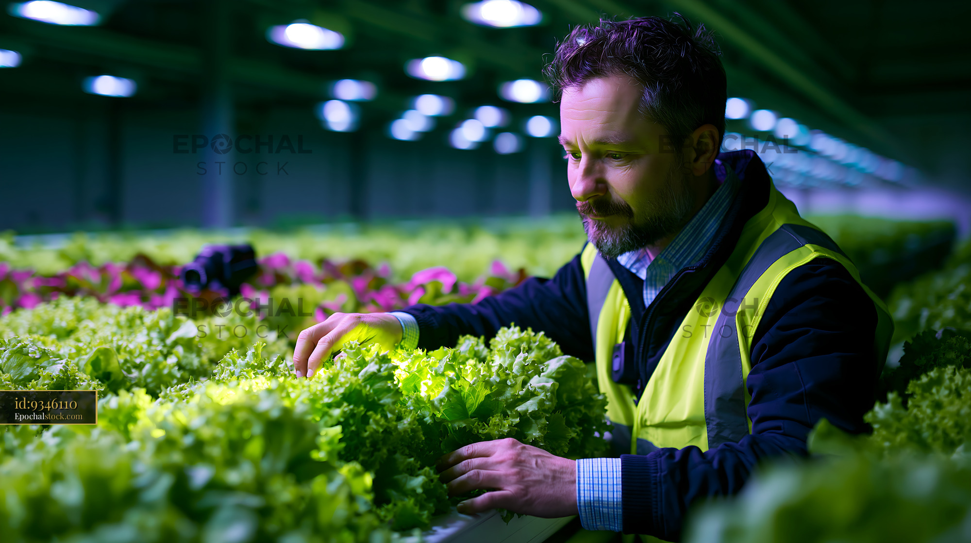 Watermarked full-resolution preview of Person inspecting lettuce in a modern indoor farm