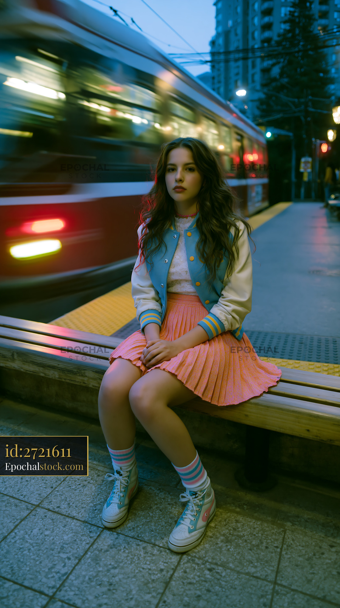 Watermarked full-resolution preview of Young girl sitting on a bench at a city tram stop during twilight