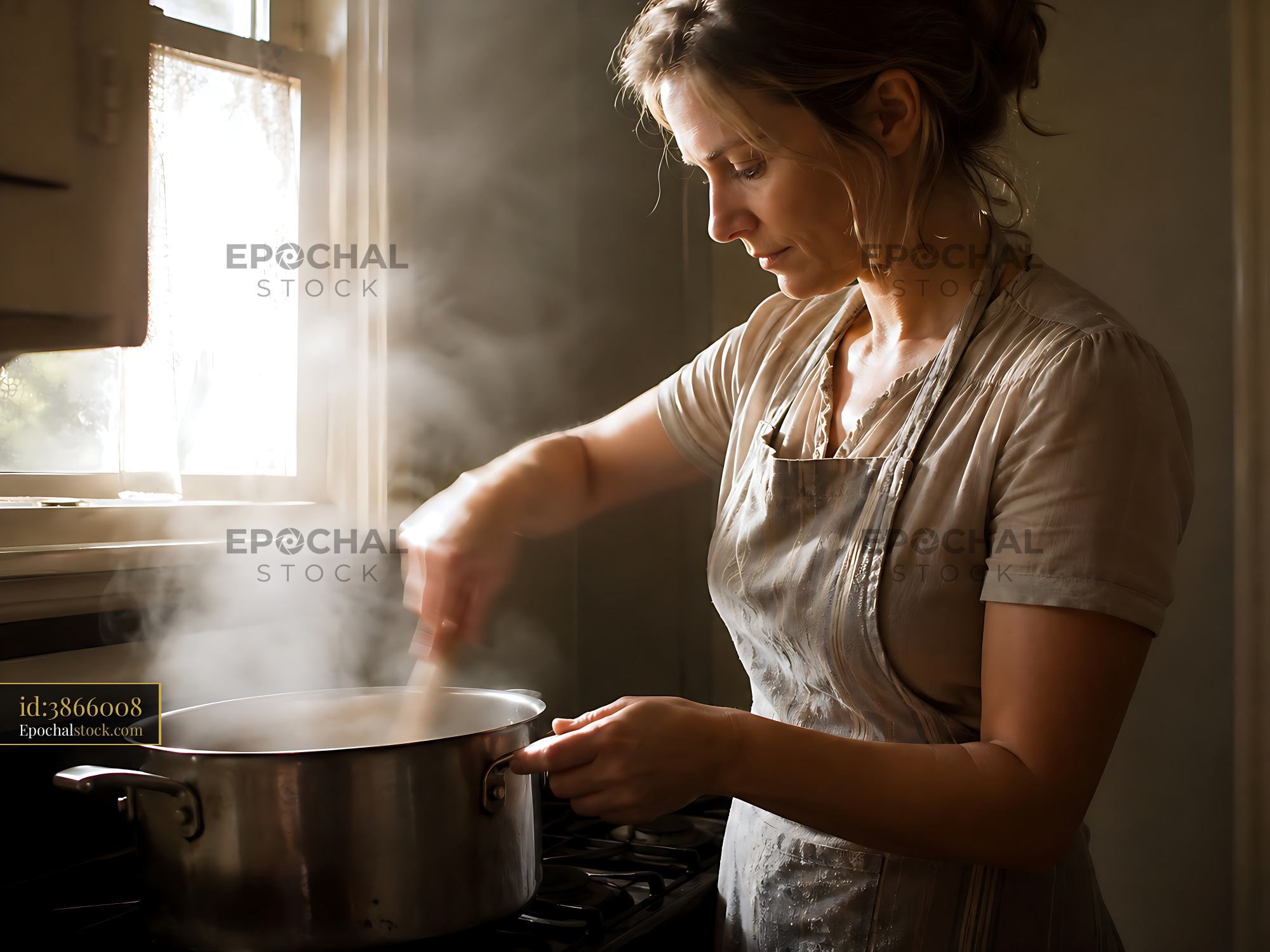 Watermarked full-resolution preview of Woman cooking in kitchen with steam rising from pot