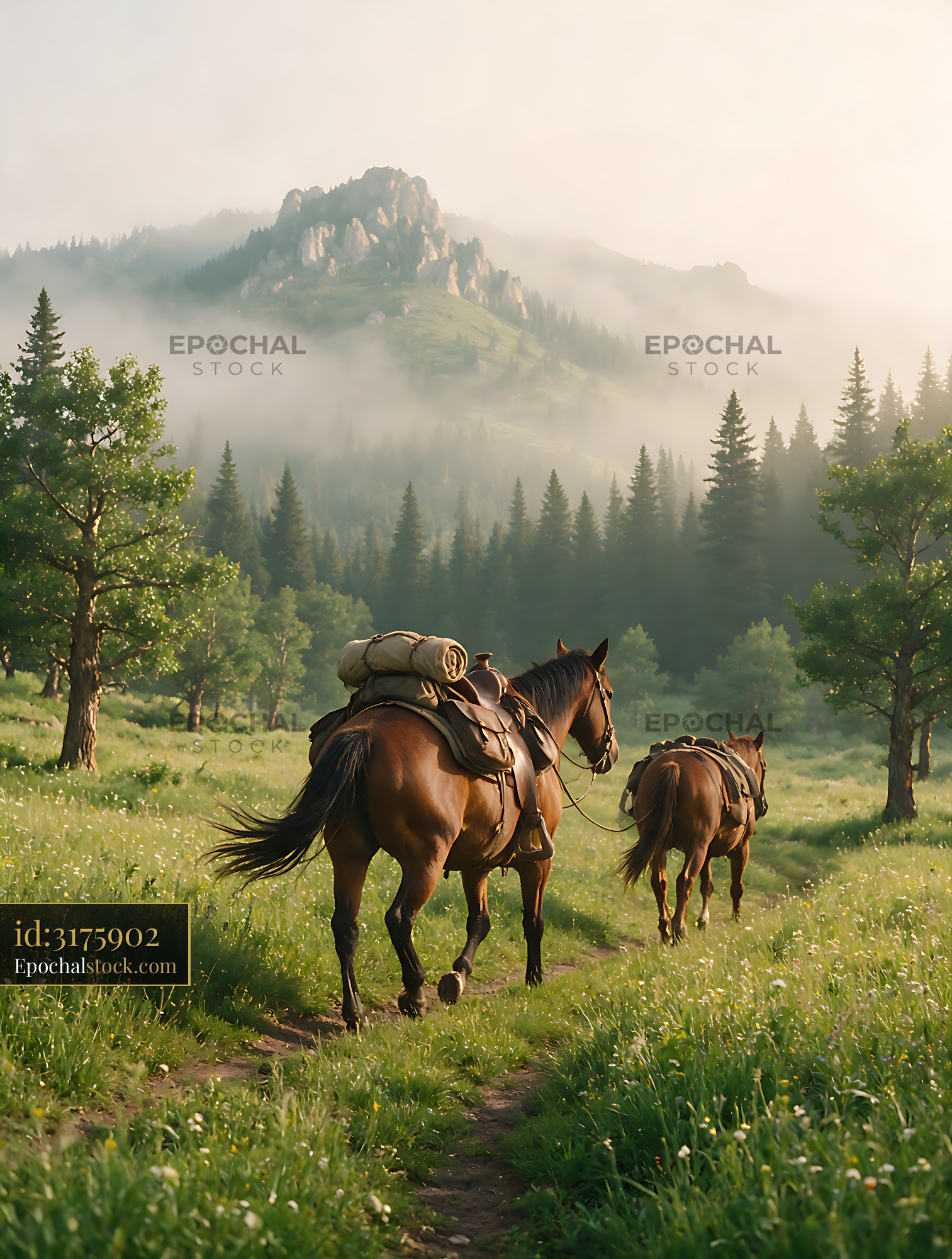 Watermarked full-resolution preview of Saddled horses traveling through a misty mountain meadow