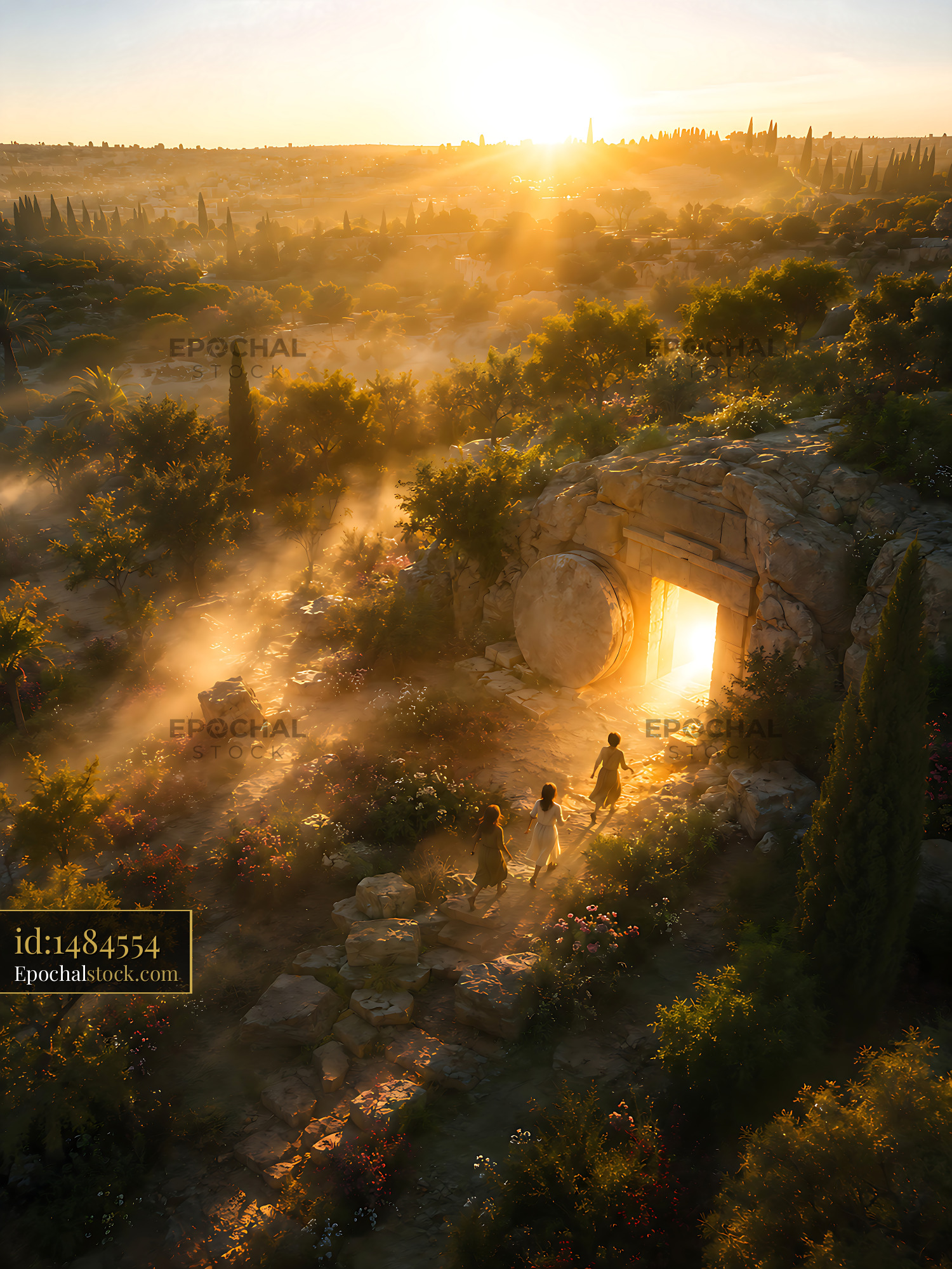 Watermarked full-resolution preview of Group walks towards ancient stone doorway at sunrise