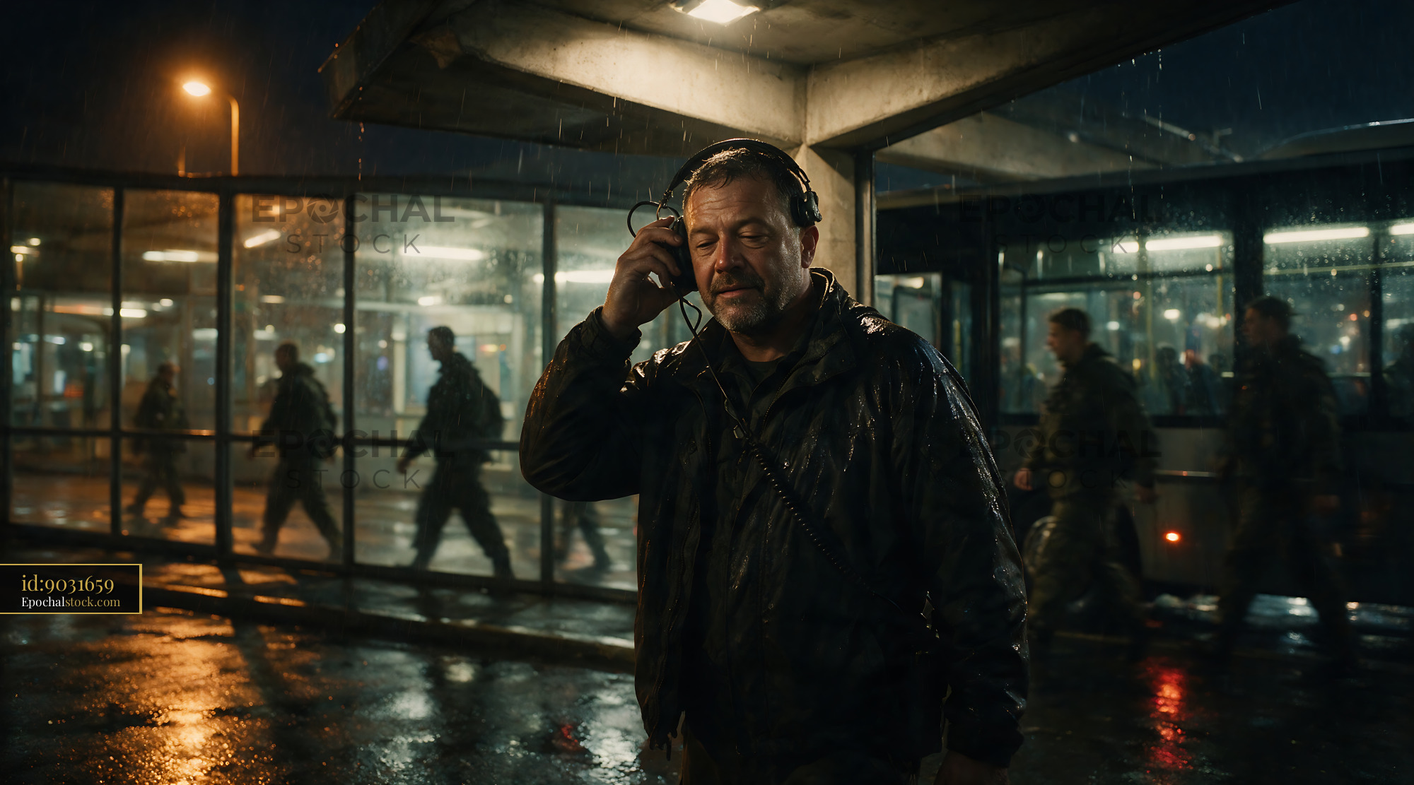 Watermarked full-resolution preview of Man listening to headphones at bus station in the rain