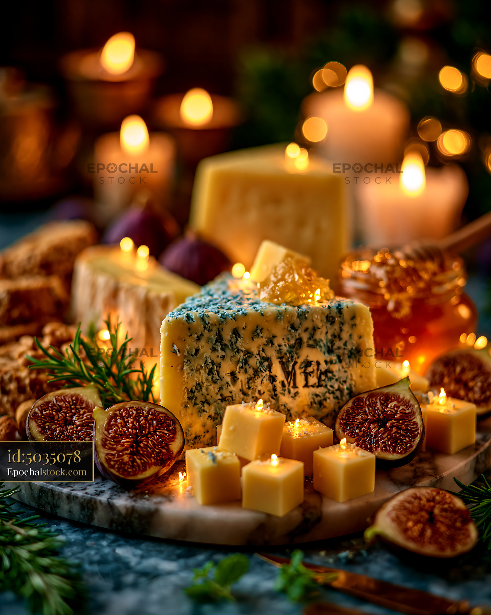 Watermarked full-resolution preview of Cheese platter with figs and honey in a warm candlelight setting