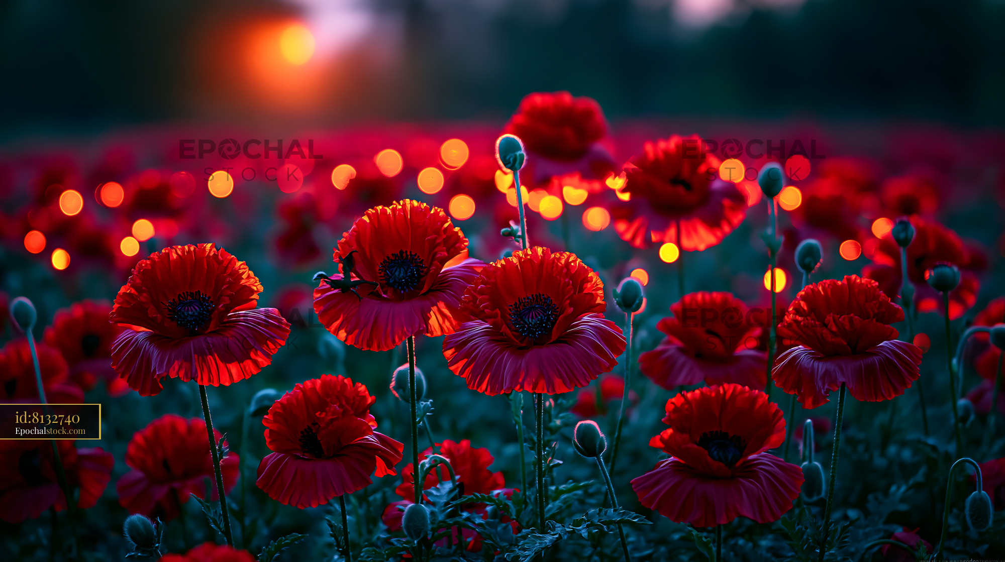 Red Poppies Bloom at Sunset in a Vibrant Flower Field - stock photo