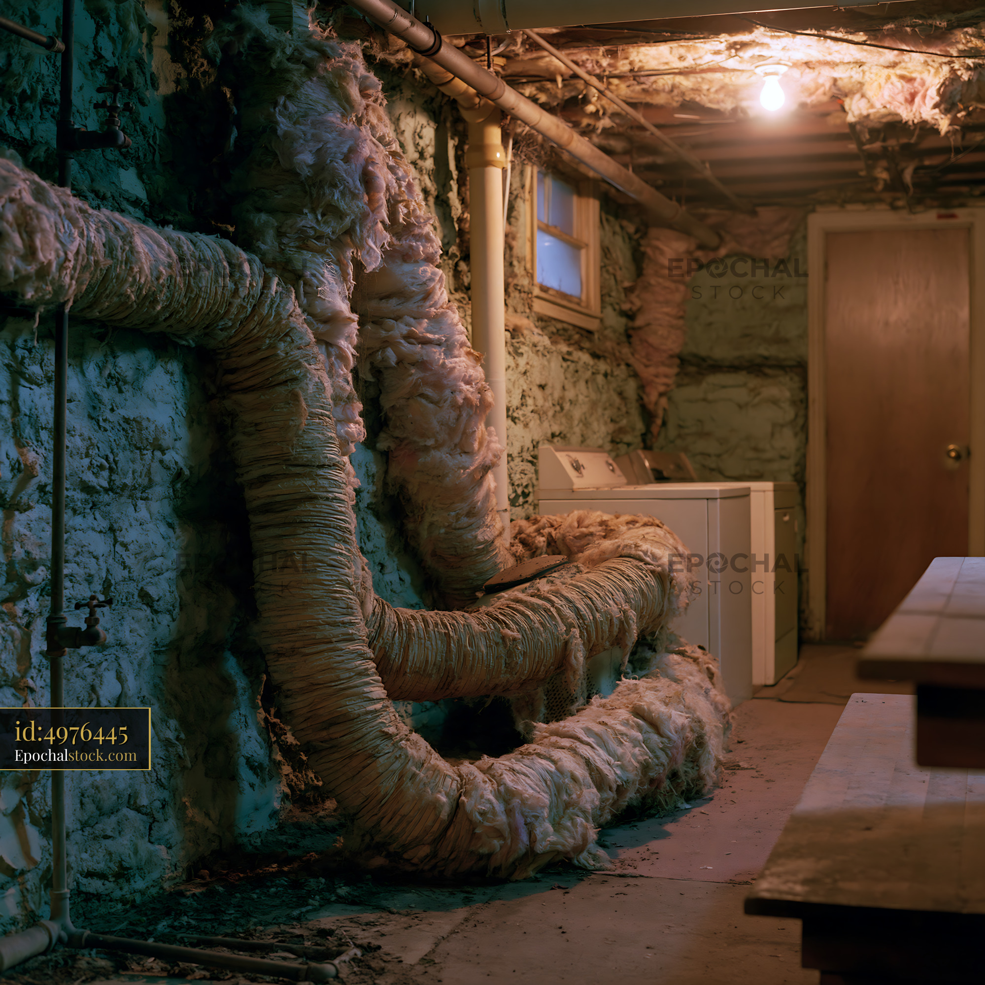 Watermarked full-resolution preview of Basement with exposed pipes and washer in dim light