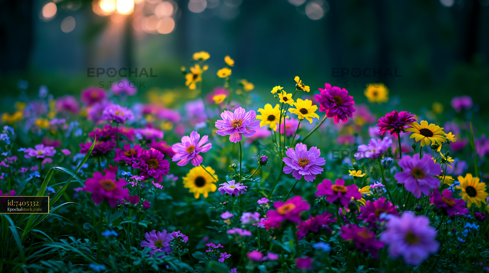 Watermarked full-resolution preview of Colorful wildflowers blooming in a field during sunset