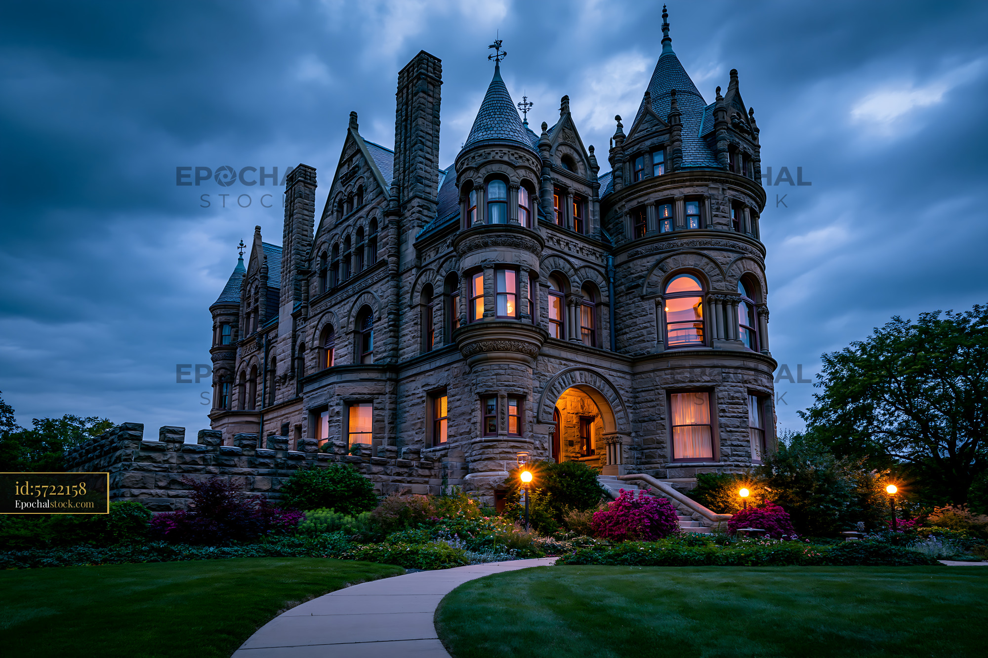 Watermarked full-resolution preview of Historic castle with towers and windows at dusk