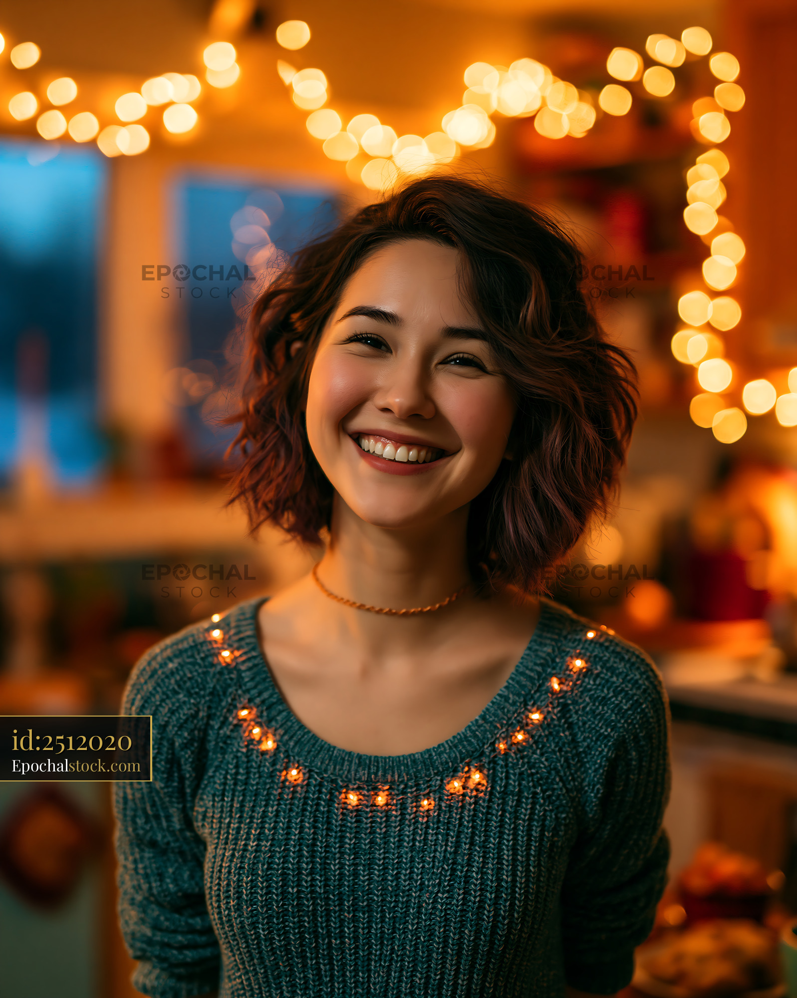 Watermarked full-resolution preview of Woman smiling with fairy lights in cozy kitchen setting