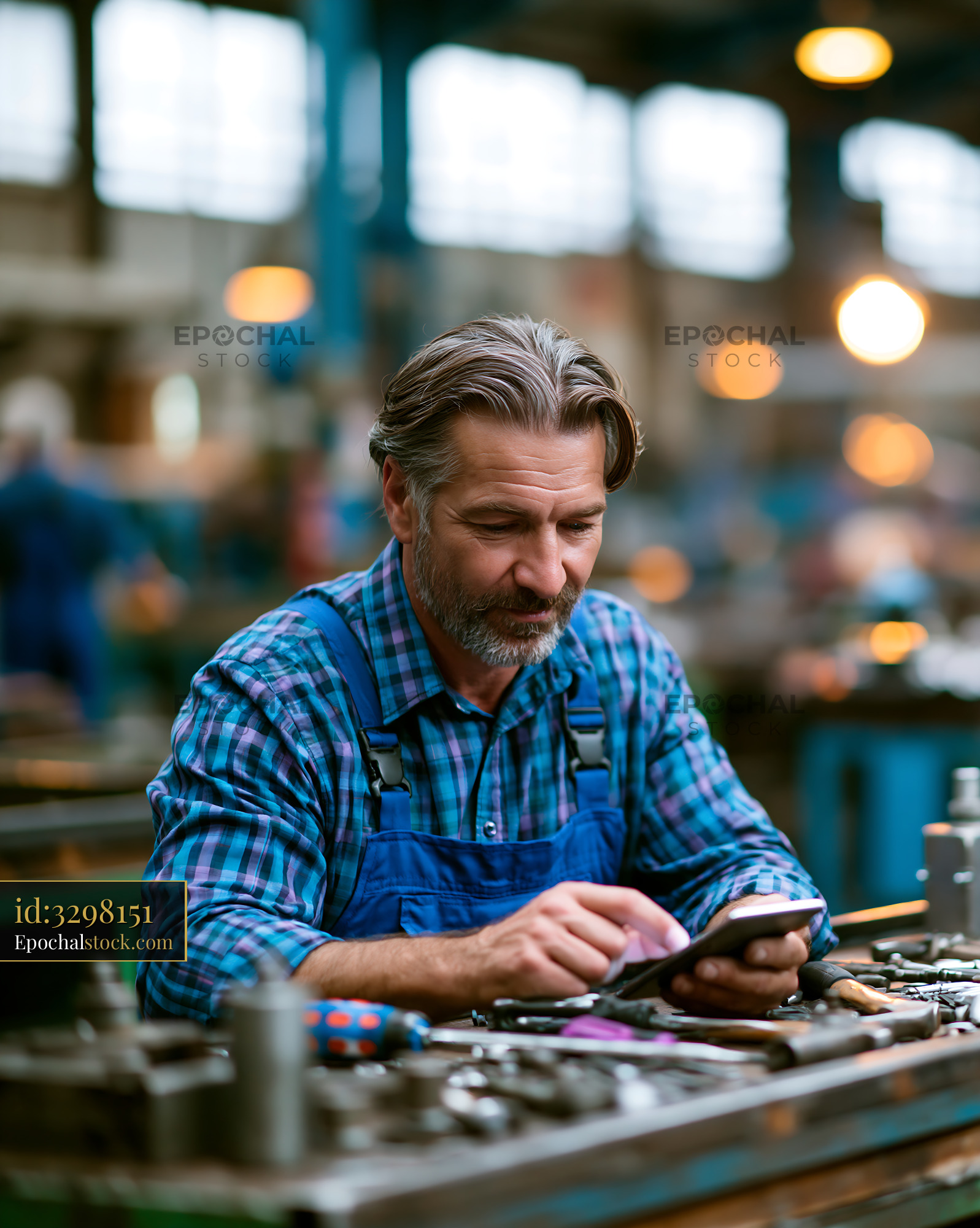 Watermarked full-resolution preview of Man using smartphone in workshop with tools around