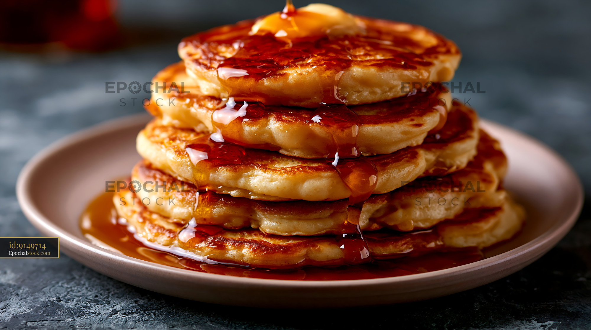 Watermarked full-resolution preview of Delicious stack of pancakes drizzled with syrup on a plate