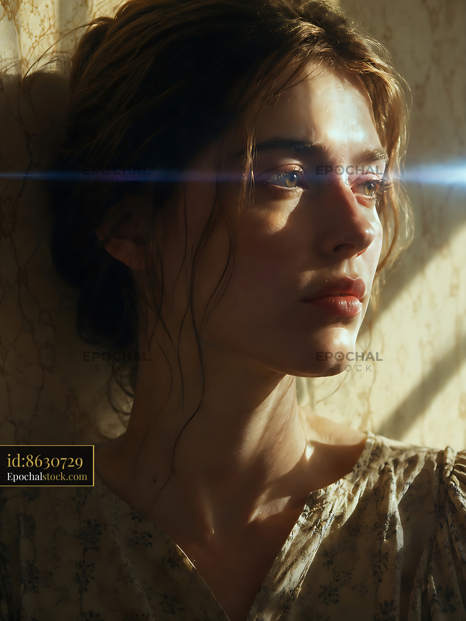 Watermarked full-resolution preview of Woman with soft light on her face near a wall