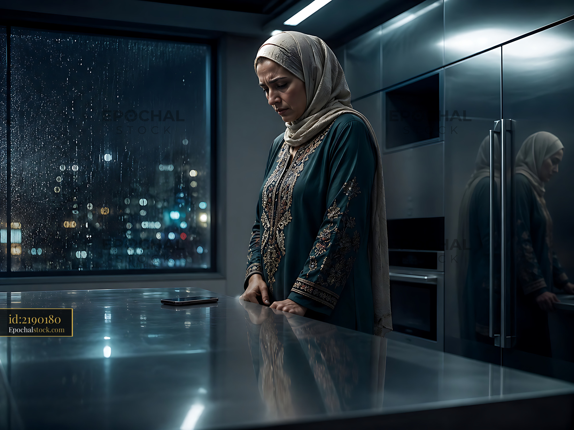 Watermarked full-resolution preview of Woman in traditional dress stands in modern kitchen at night