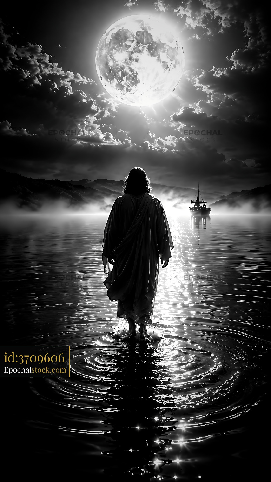 Watermarked full-resolution preview of Man walking on water under a full moon