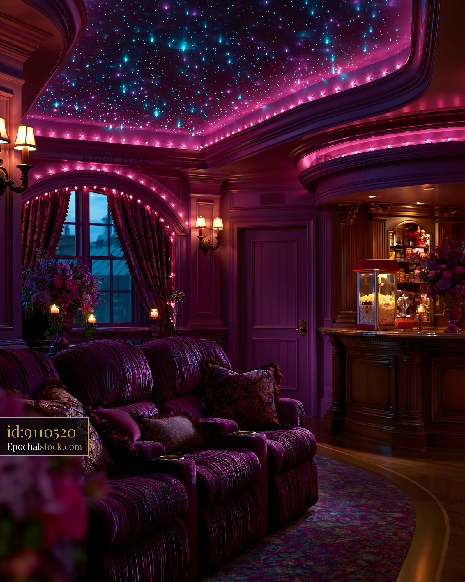 Watermarked full-resolution preview of Cozy living room with purple decor and starry ceiling lights