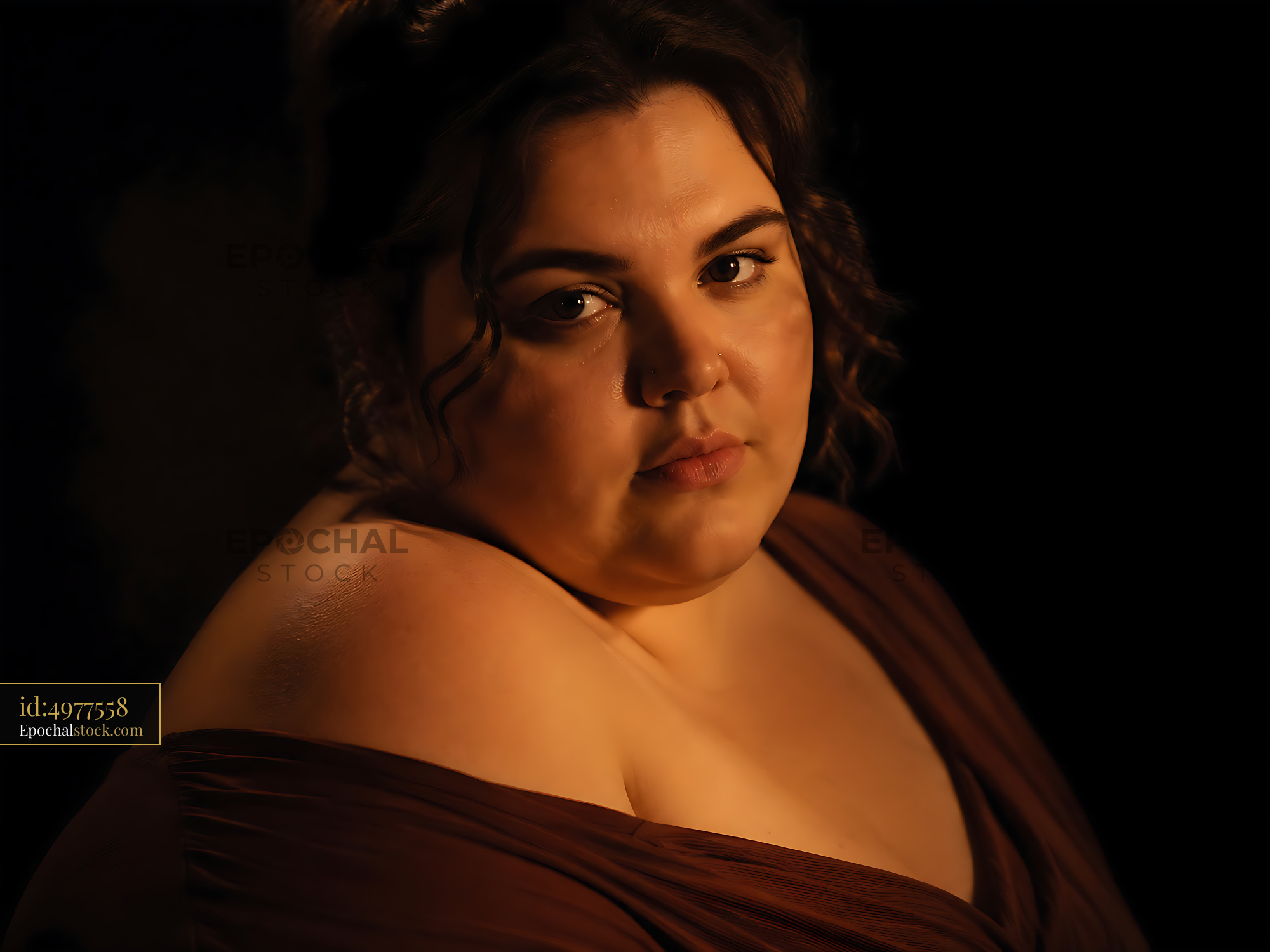 Woman With Dark Hair and Off-Shoulder Dress Looking at the Camera - stock photo