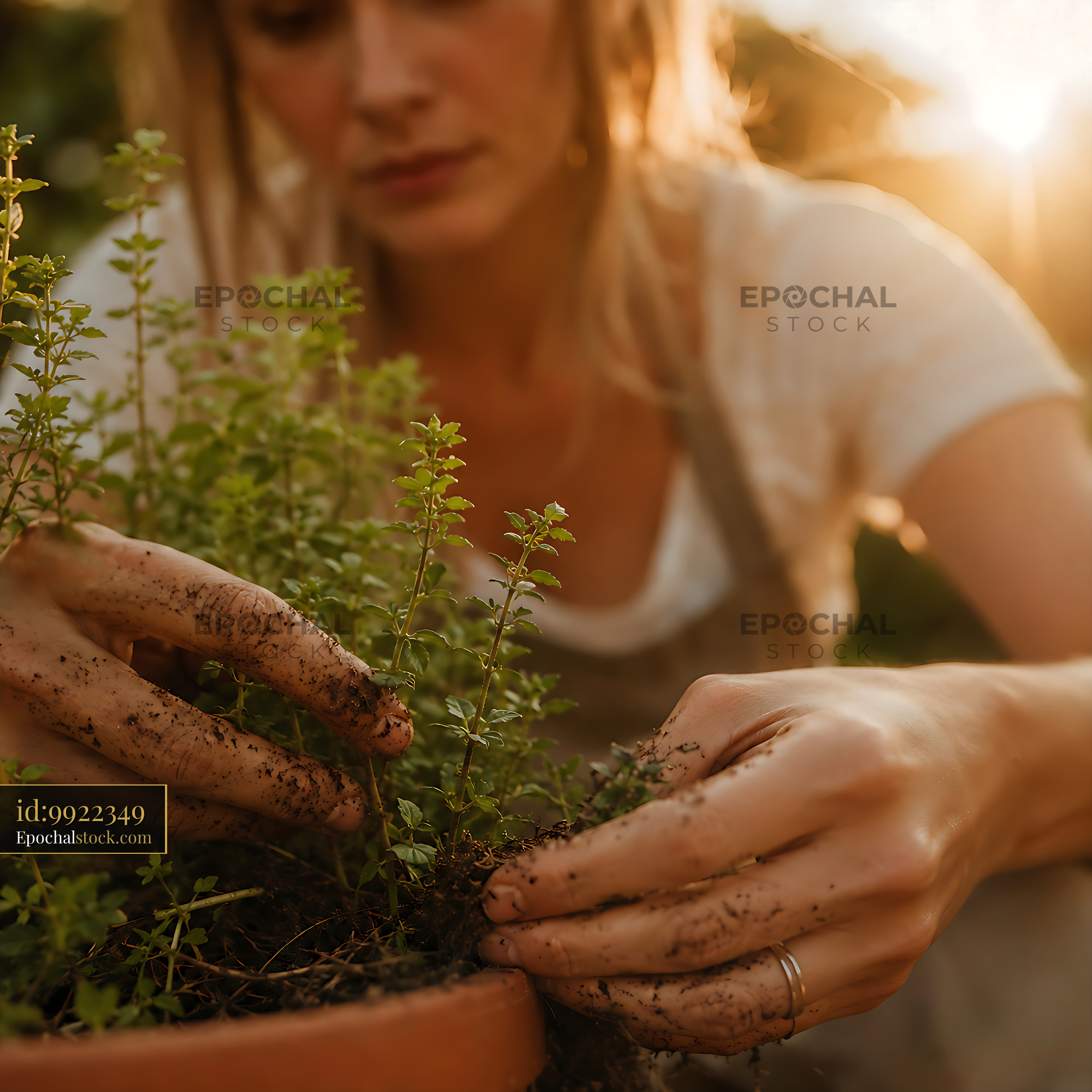 Watermarked full-resolution preview of Gardener tending to herbs during sunset in a garden