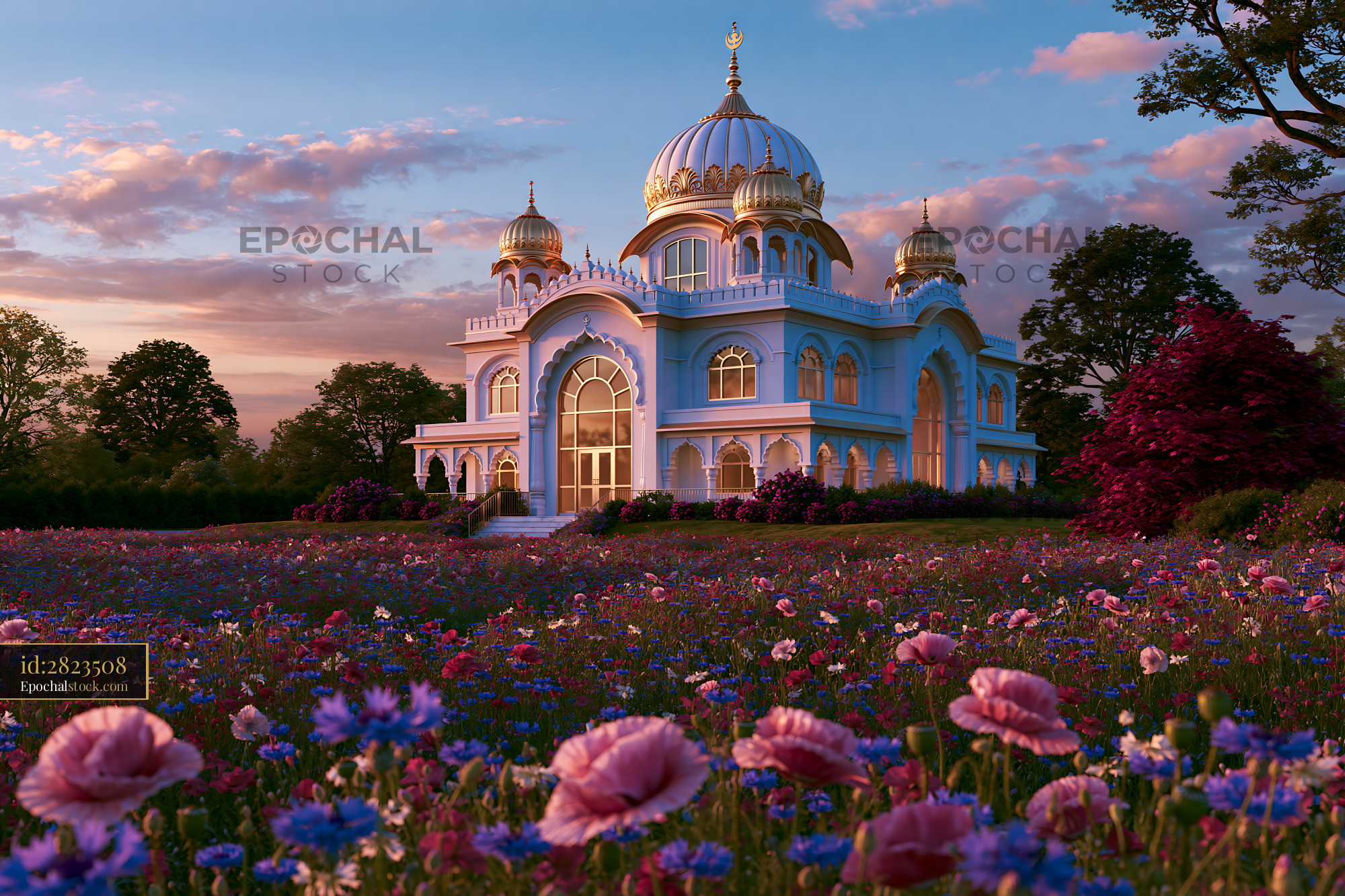 Watermarked full-resolution preview of Flower garden near blue palace at sunset