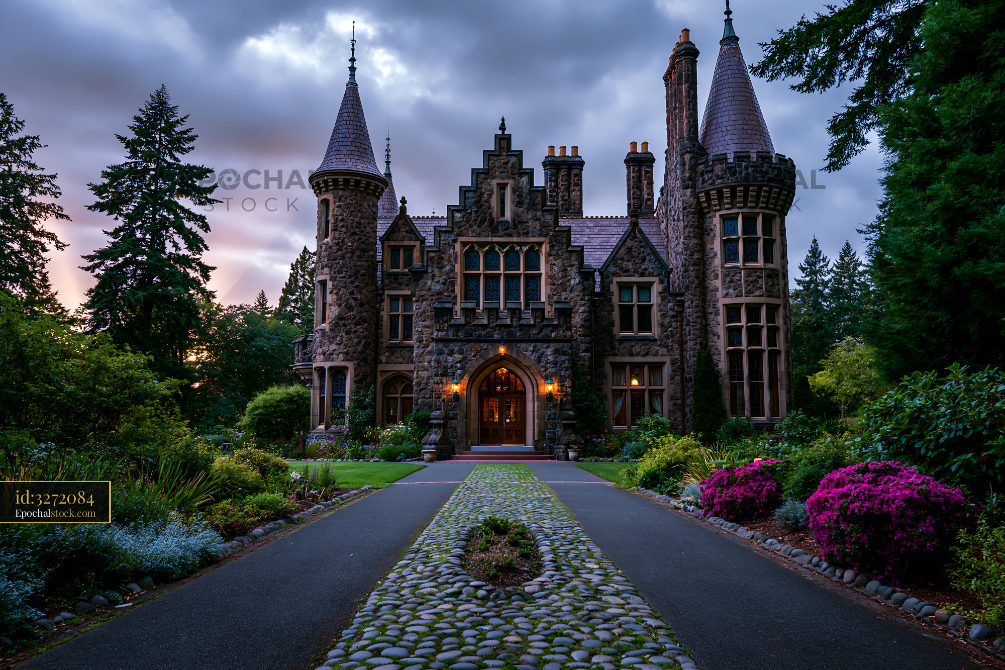 Watermarked full-resolution preview of Historic stone castle with gardens at twilight