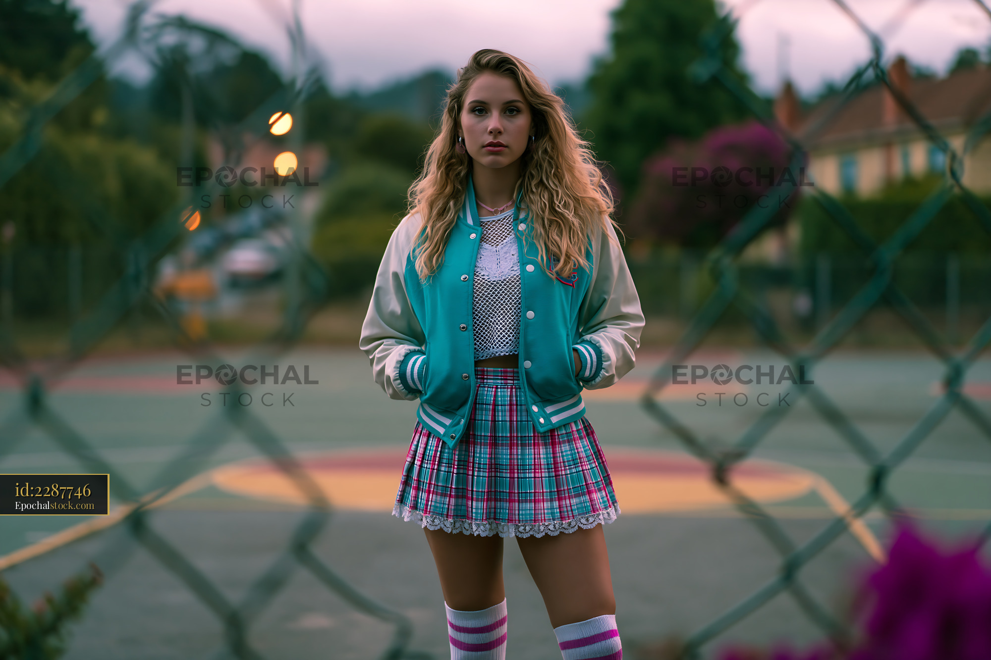 Watermarked full-resolution preview of Teen girl wearing a blue jacket and plaid skirt on a court