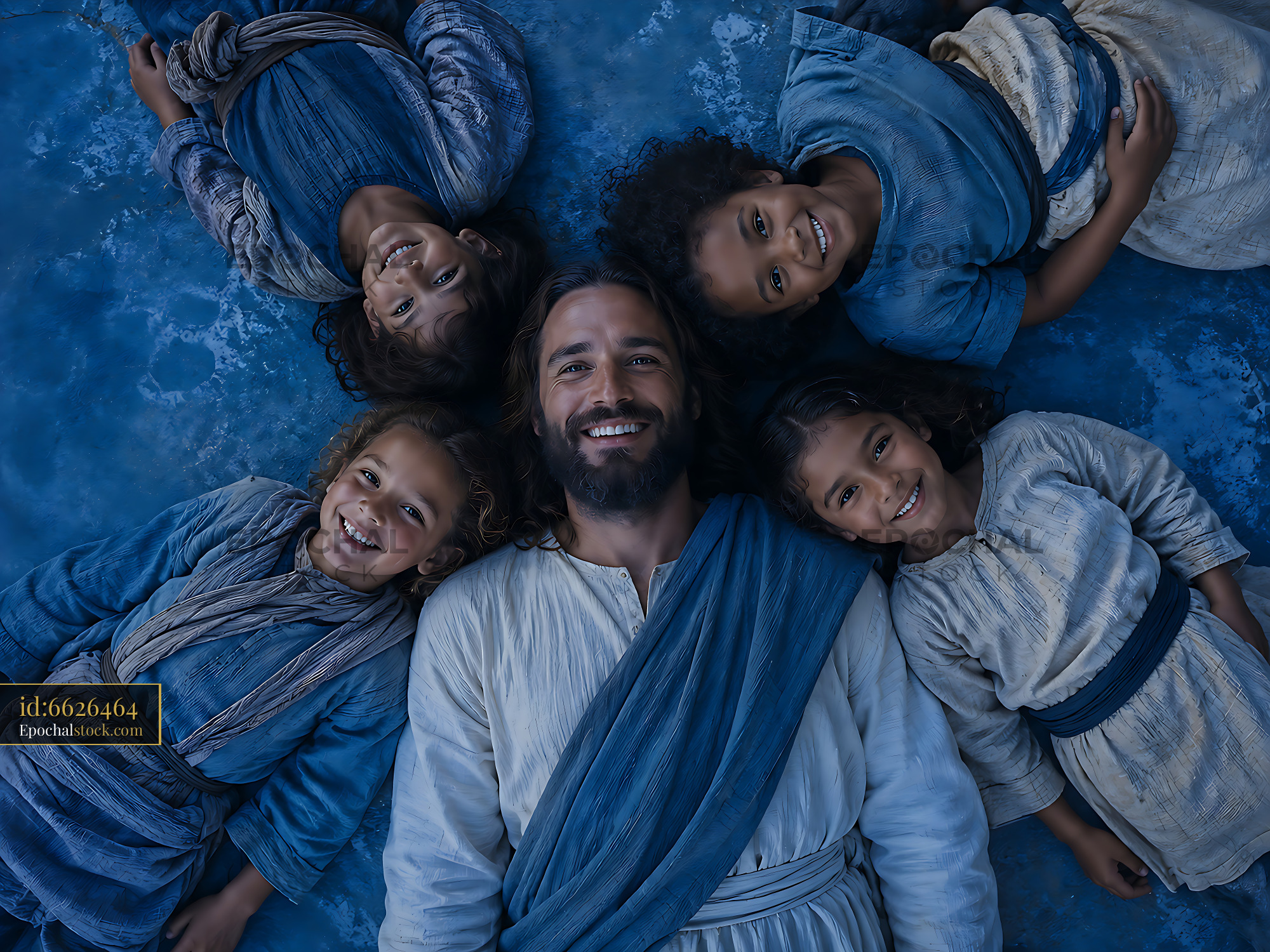 Watermarked full-resolution preview of Smiling group of children with man in blue clothing