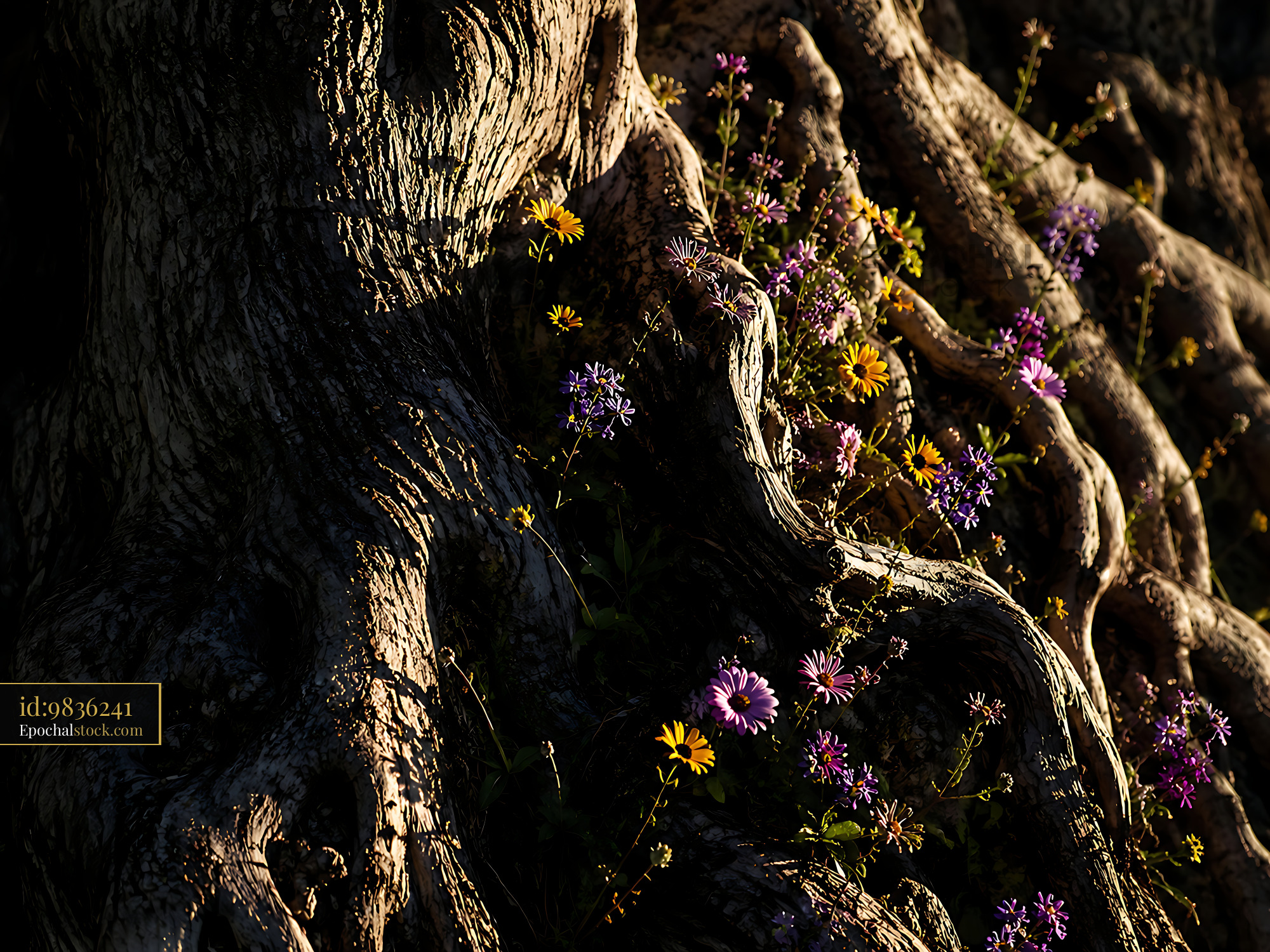 Flowering Plants Grow From Roots in Sunlight Near Tree - stock photo