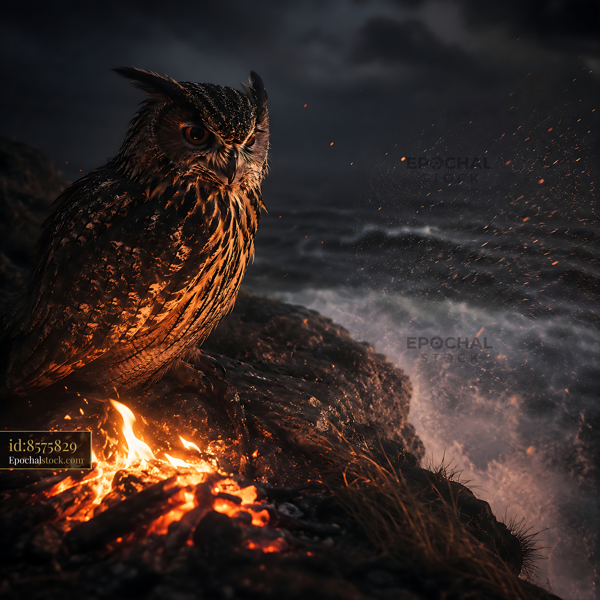 Owl Perches Near Fire on Rocky Beach at Night - stock photo