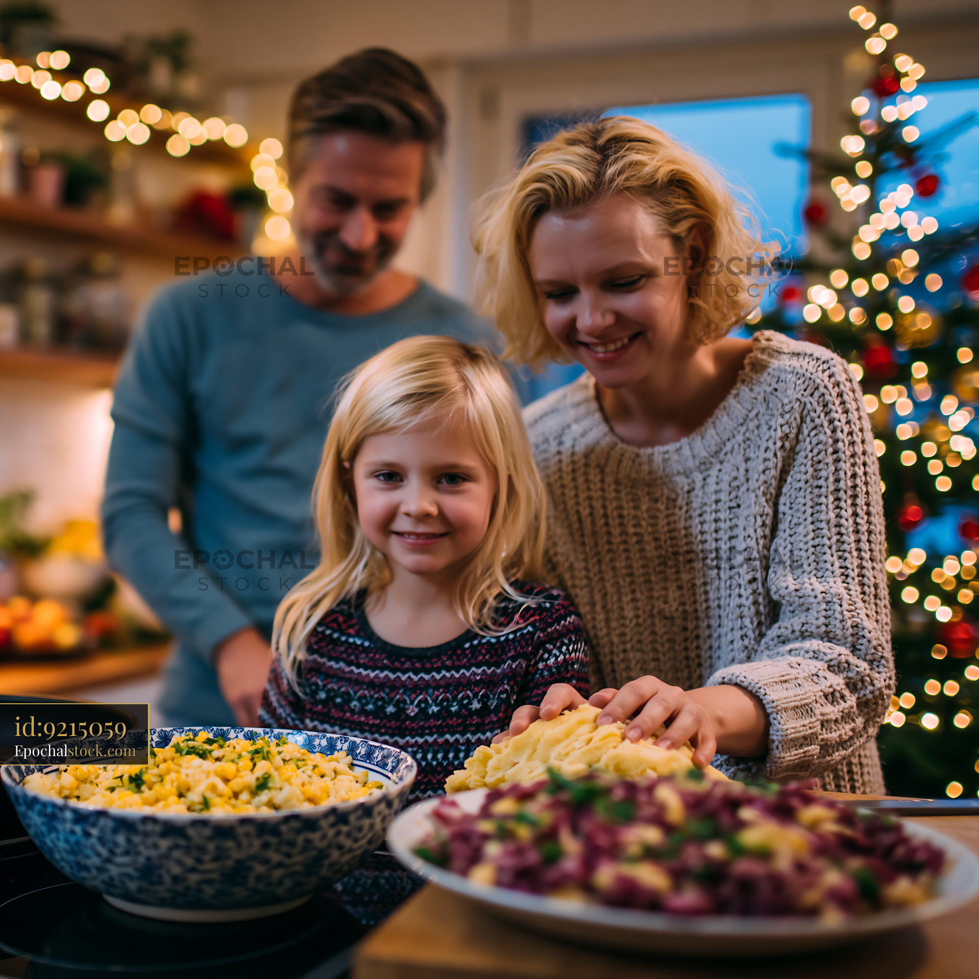 Watermarked full-resolution preview of Family preparing food together in kitchen during holiday season