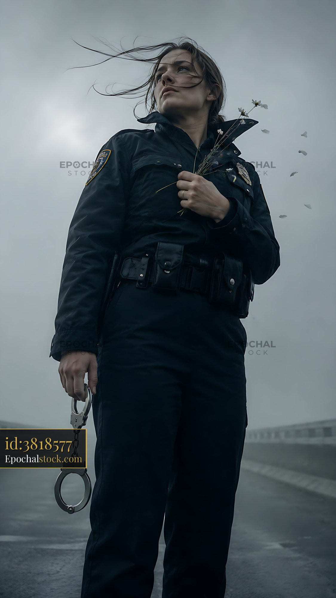 Watermarked full-resolution preview of Police officer standing on a roadway holding handcuffs and flowers